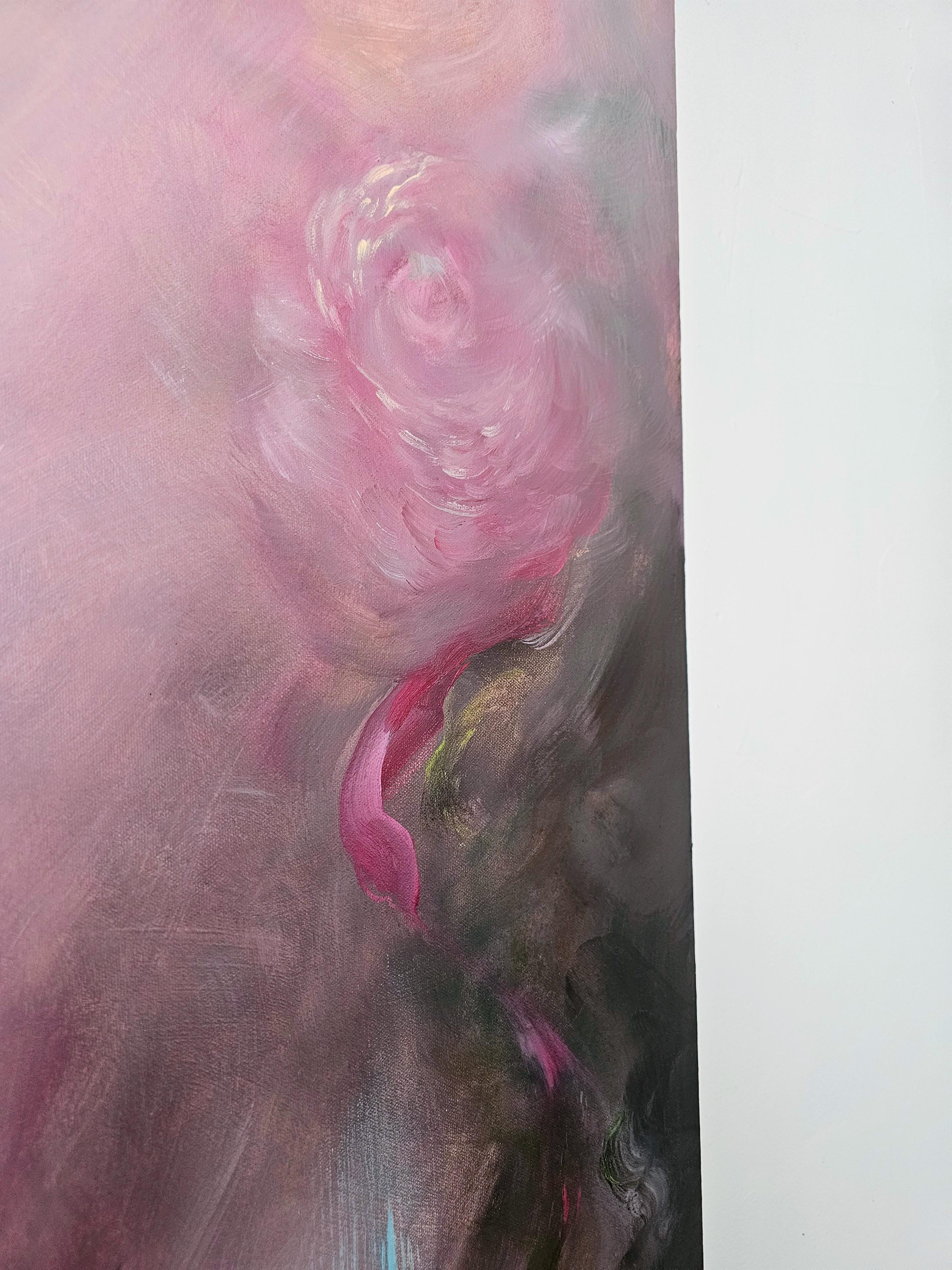 Rosas que se convierten en viento ~ Paisaje abstracto de ensueño rosa y marrón pintura floral en venta 1