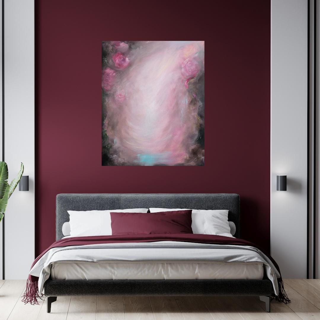 Rosas que se convierten en viento ~ Paisaje abstracto de ensueño rosa y marrón pintura floral en venta 2