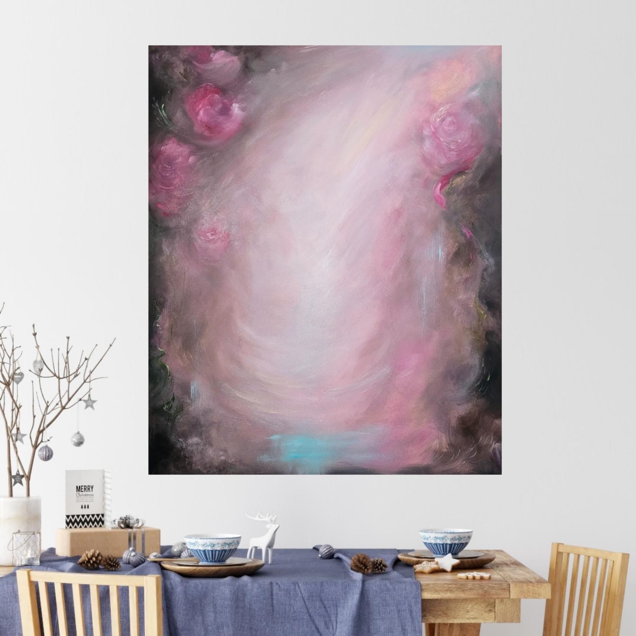 Rosas que se convierten en viento ~ Paisaje abstracto de ensueño rosa y marrón pintura floral en venta 3