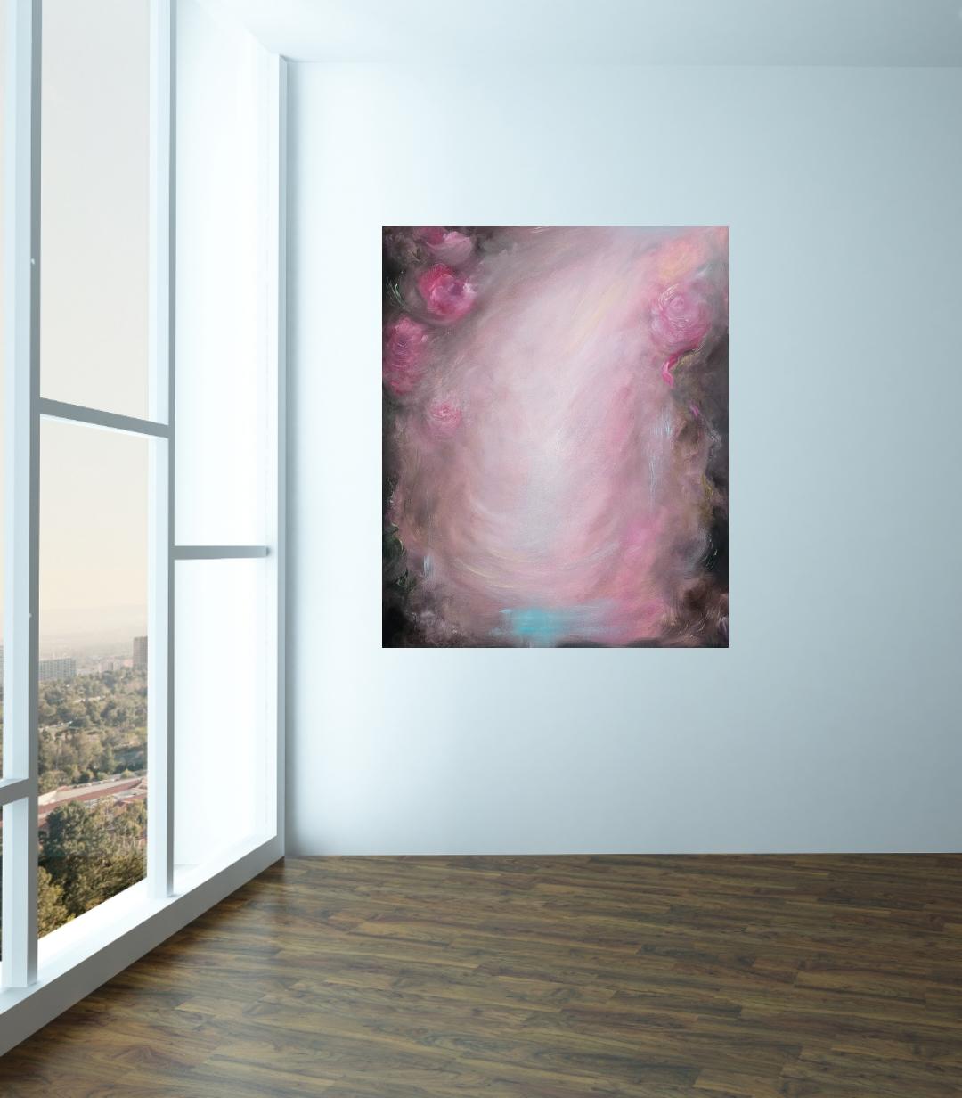 Rosas que se convierten en viento ~ Paisaje abstracto de ensueño rosa y marrón pintura floral en venta 4