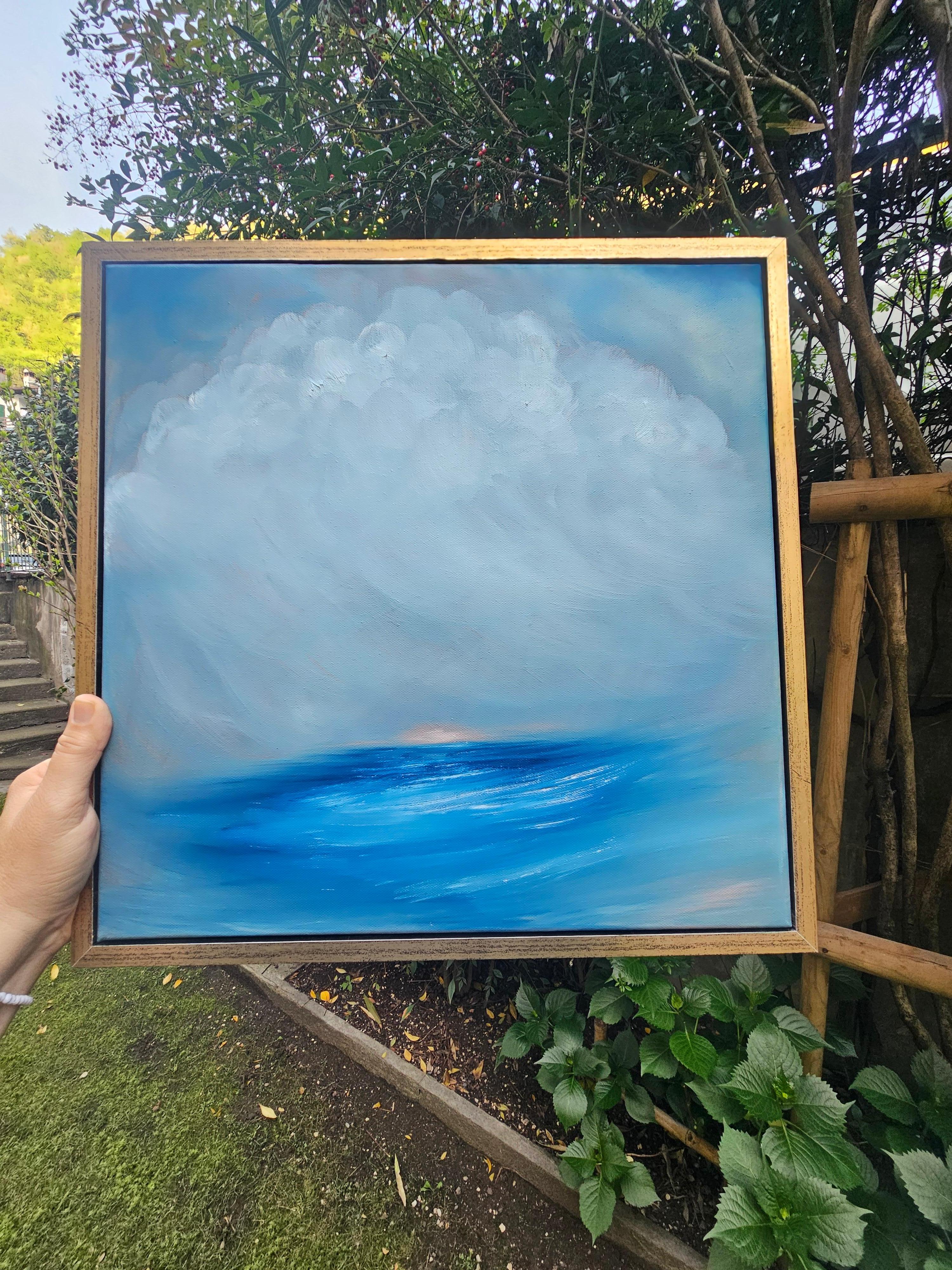 Sailing on the astral plane - Framed abstract blue seascape painting - Painting by Jennifer L. Baker