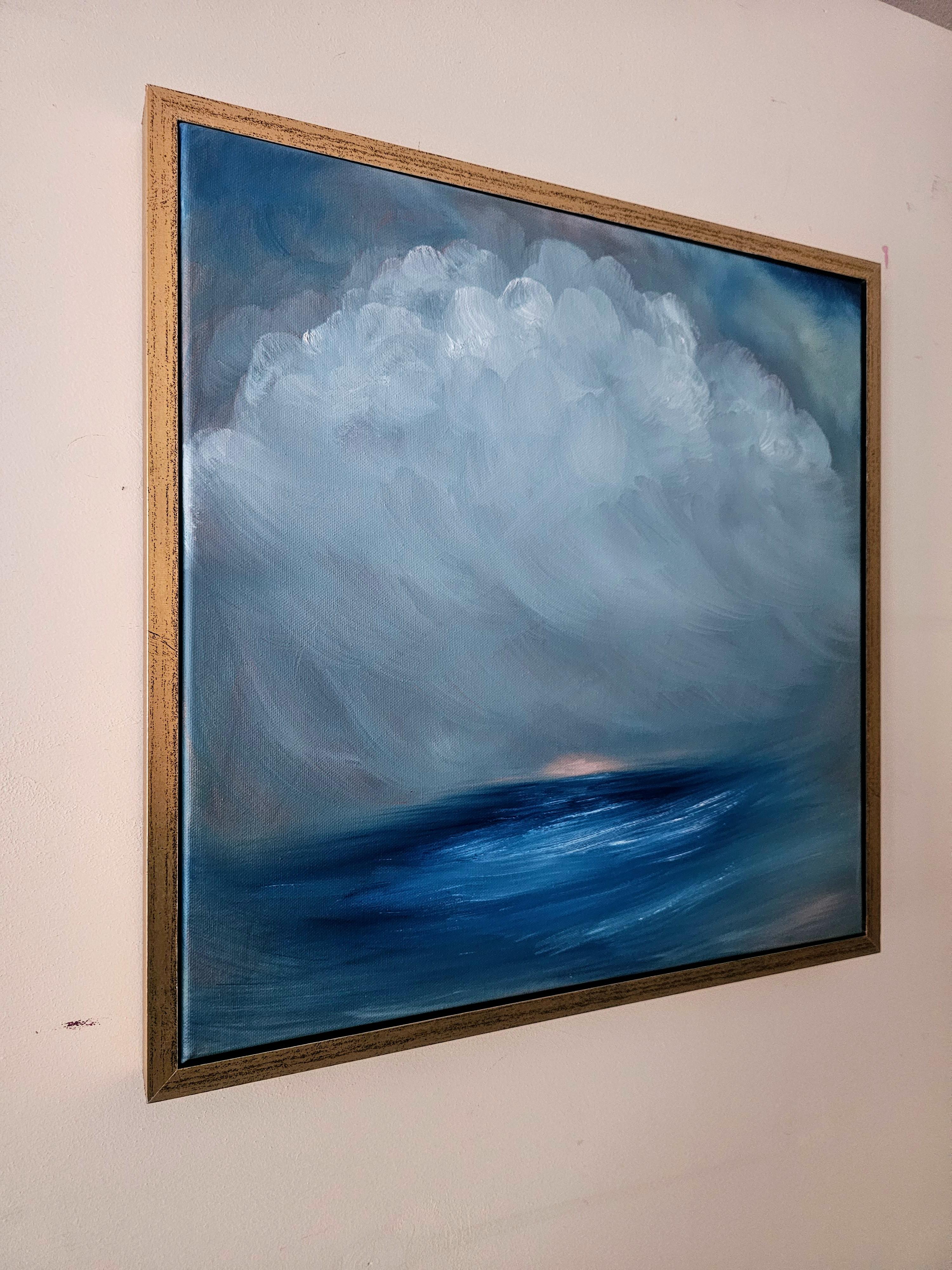 A vibrant blue abstract seascape and sky painting, 