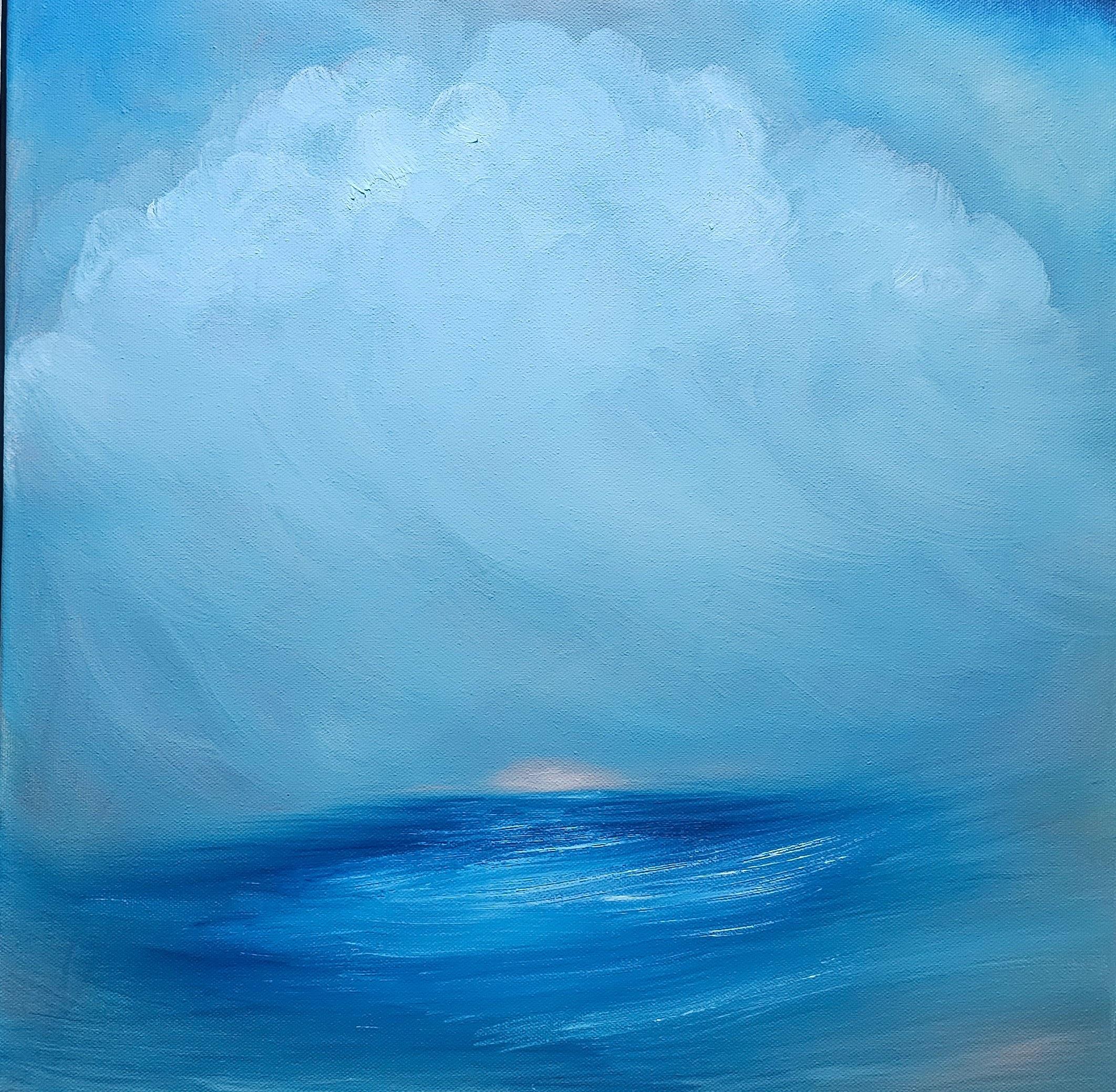 Jennifer L. Baker Landscape Painting - Sailing on the astral plane - Framed abstract blue seascape painting