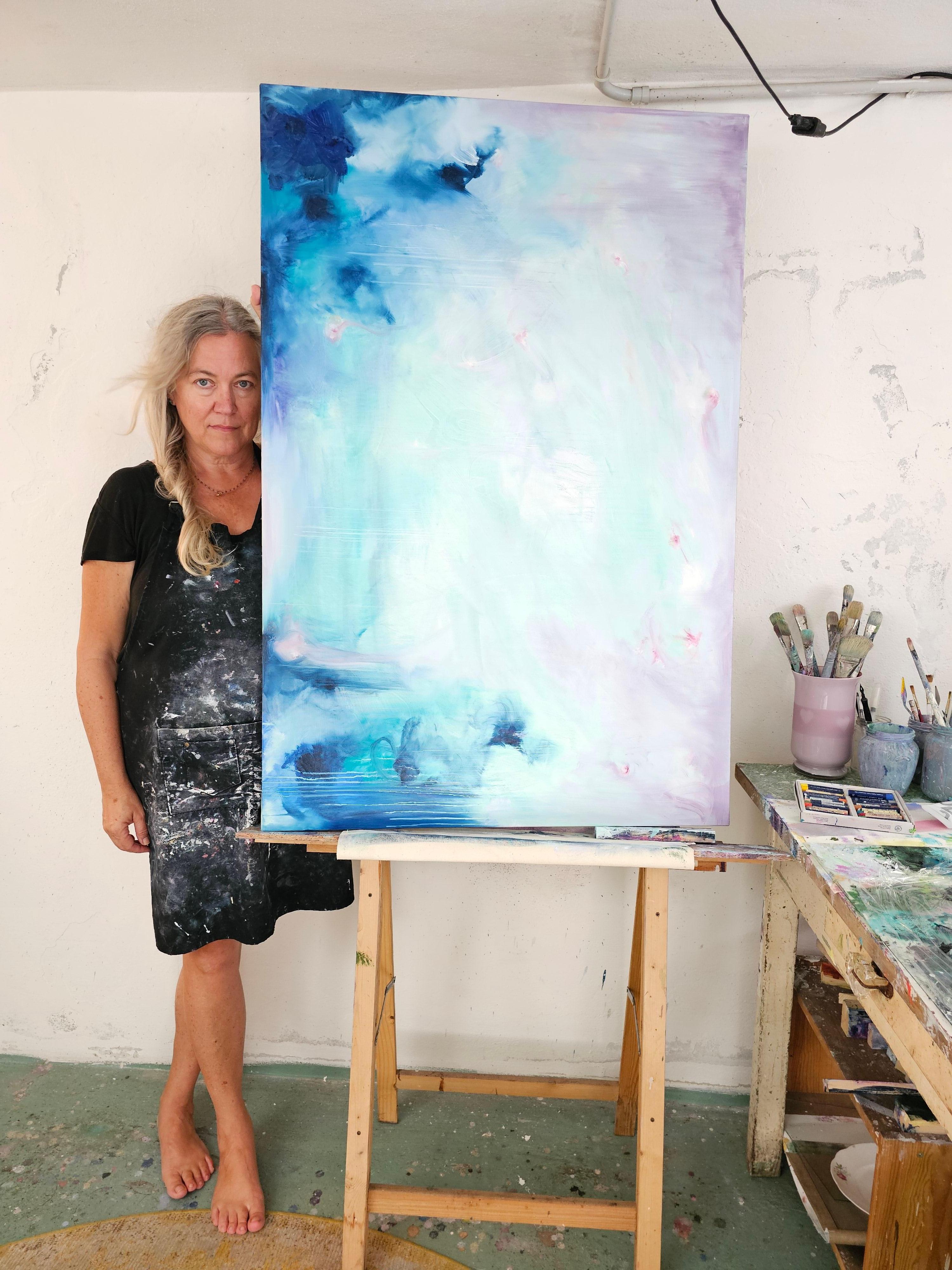 Cielo di settembre - Grande dipinto astratto di paesaggio marino blu - Painting di Jennifer L. Baker