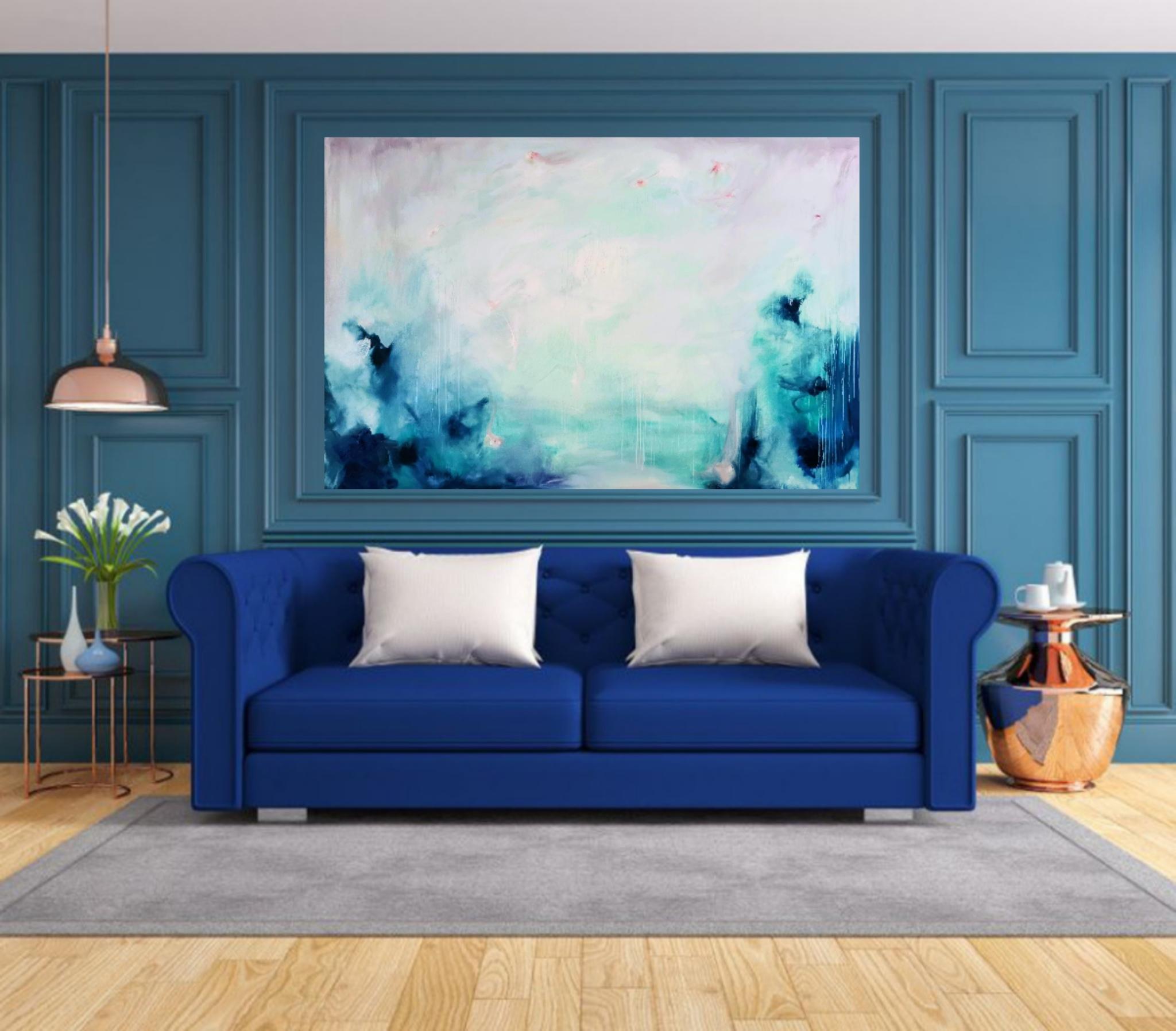 Cielo di settembre - Grande dipinto astratto di paesaggio marino blu - Painting Contemporaneo di Jennifer L. Baker