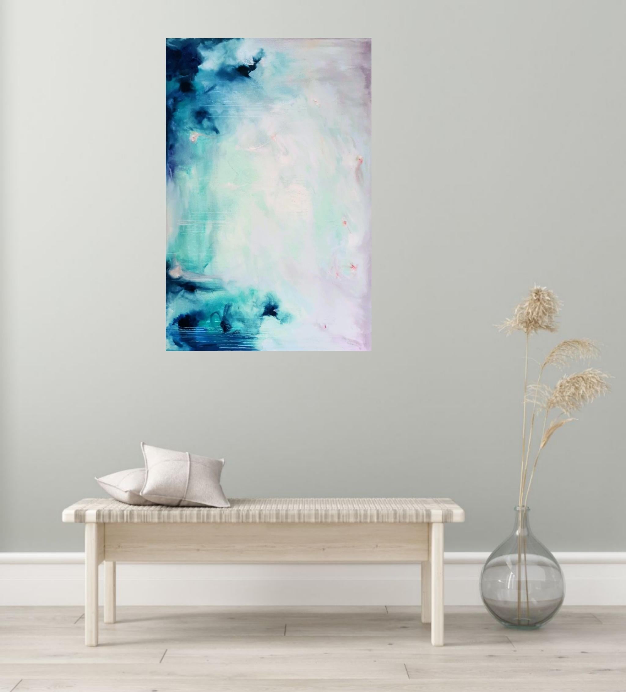 Cielo di settembre - Grande dipinto astratto di paesaggio marino blu - Landscape Painting Blu di Jennifer L. Baker