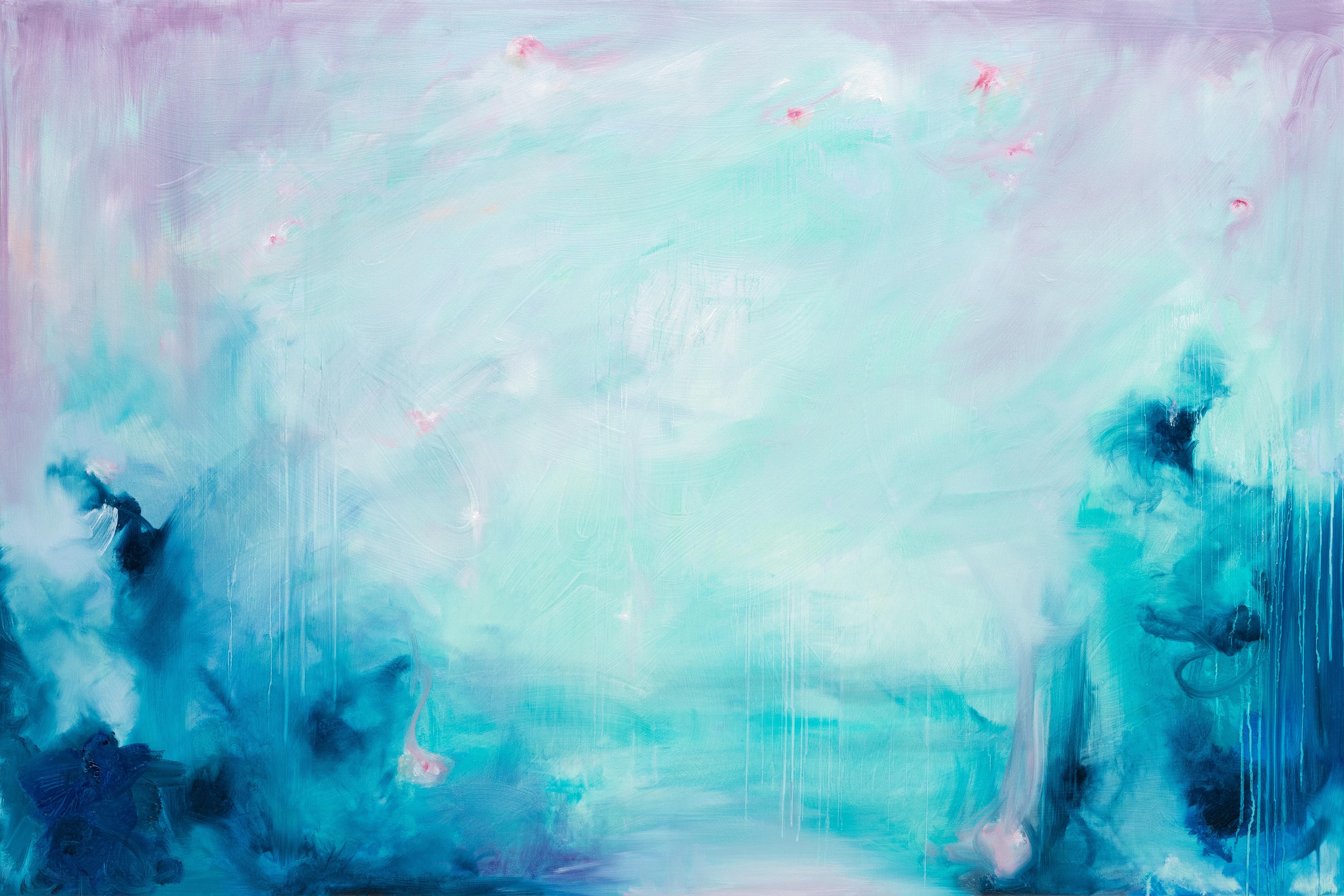 Landscape Painting di Jennifer L. Baker - Cielo di settembre - Grande dipinto astratto di paesaggio marino blu
