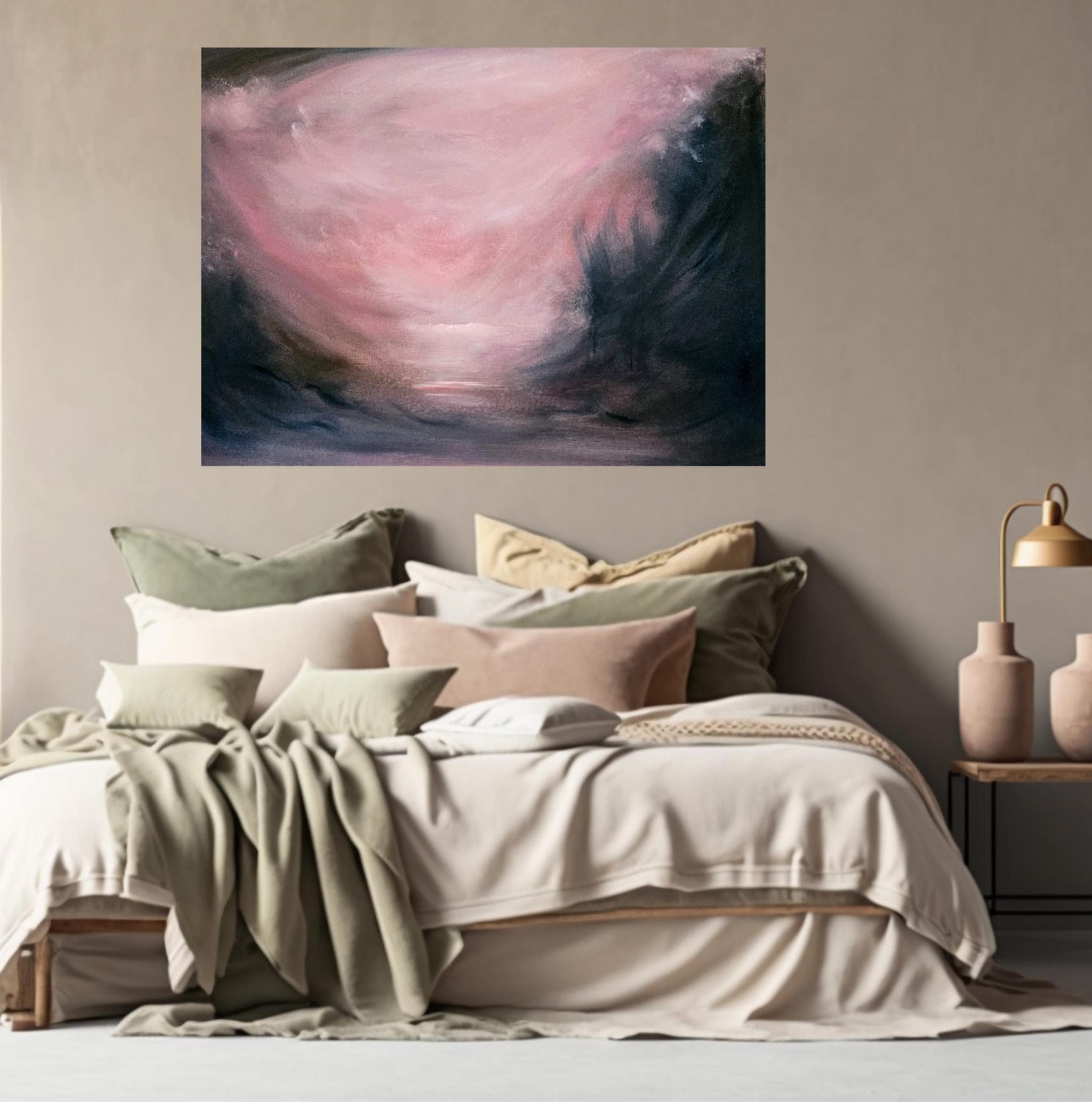 Ciel d'Espagne - Peinture de coucher de soleil, paysage abstrait, chaud et dramatique - Painting de Jennifer L. Baker