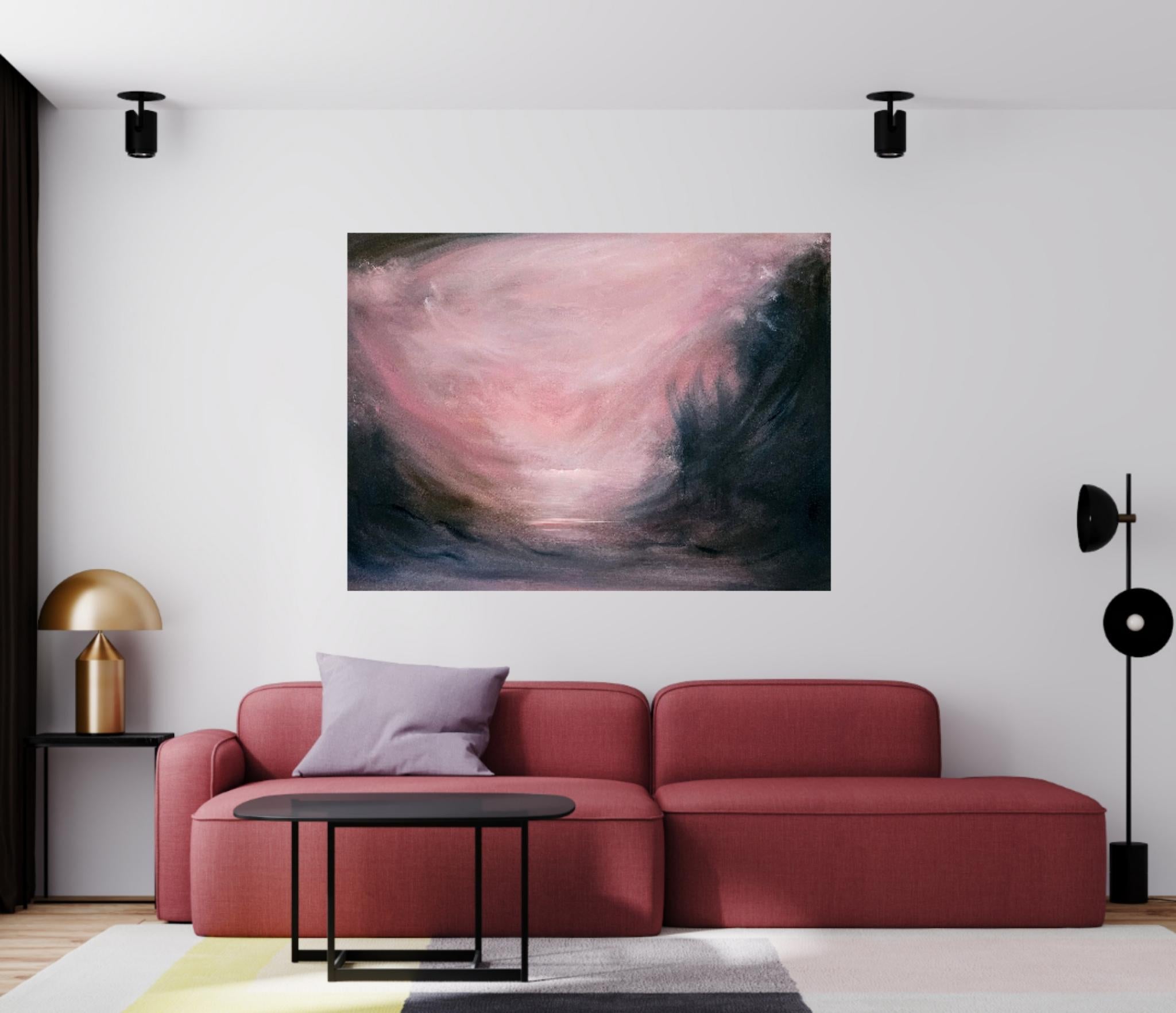 Ciel d'Espagne - Peinture de coucher de soleil, paysage abstrait, chaud et dramatique - Impressionnisme abstrait Painting par Jennifer L. Baker