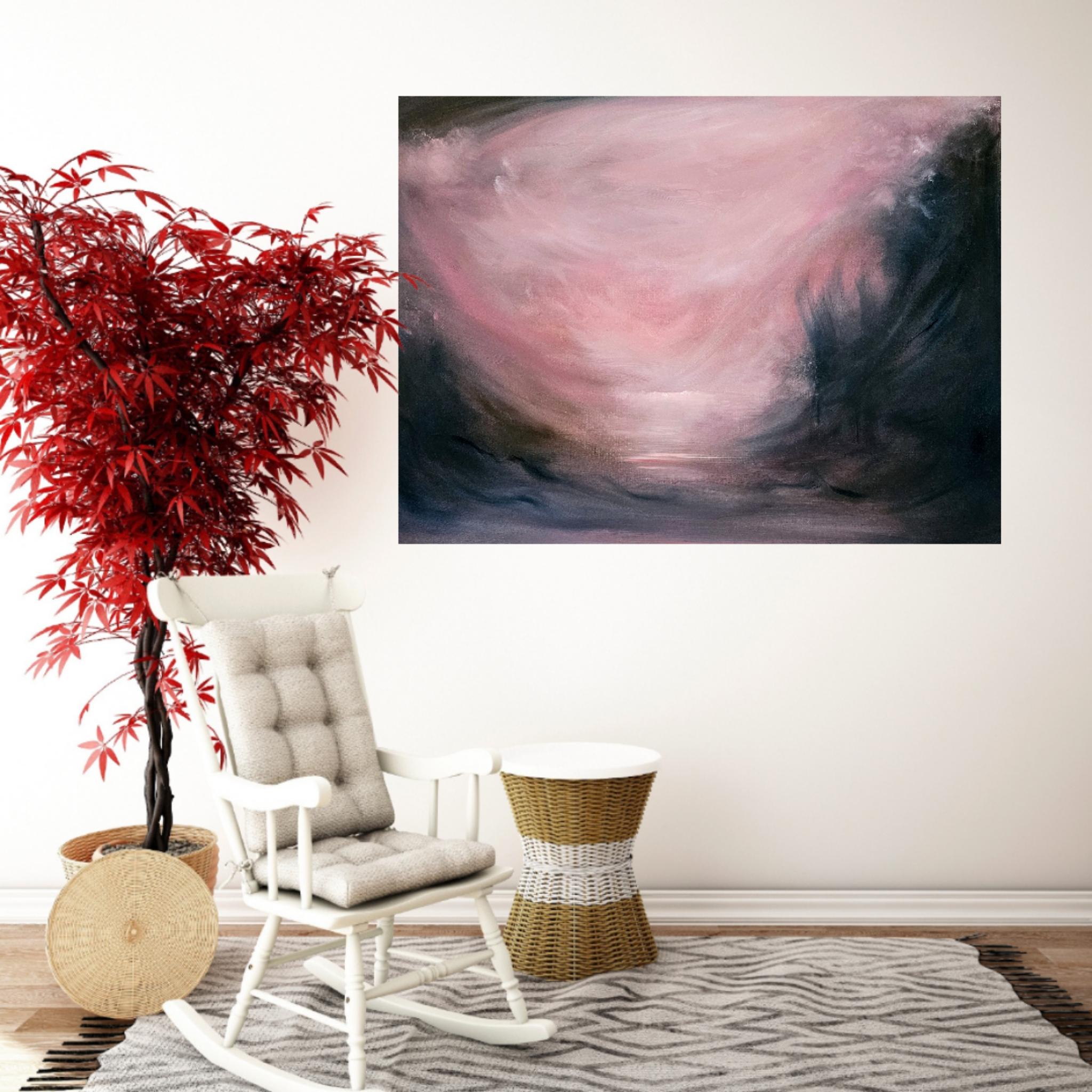 Ciel d'Espagne - Peinture de coucher de soleil, paysage abstrait, chaud et dramatique - Marron Landscape Painting par Jennifer L. Baker