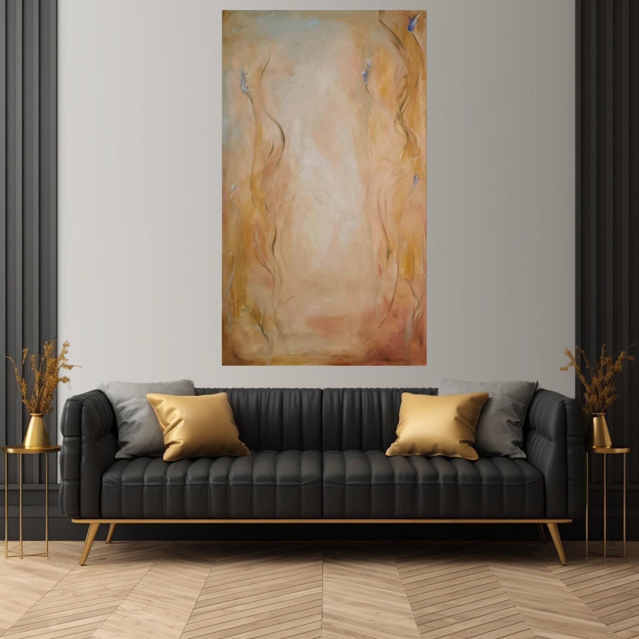 Stay with me ~ Large gold abstract floral landscape painting - Painting by Jennifer L. Baker