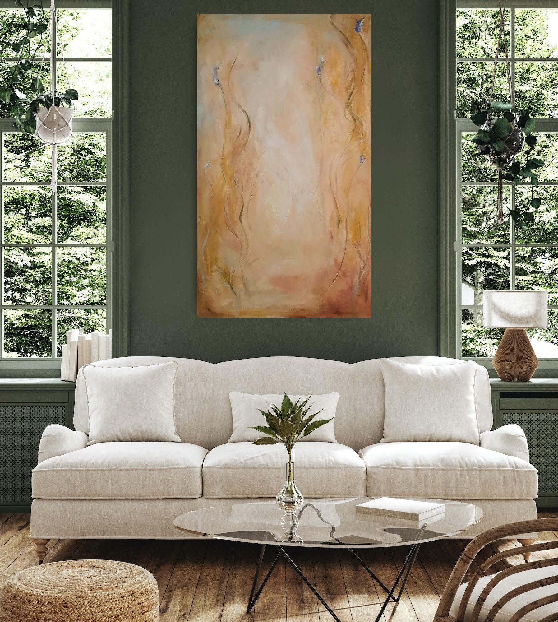 Stay with me ~ Large gold abstract floral landscape painting - Brown Landscape Painting by Jennifer L. Baker