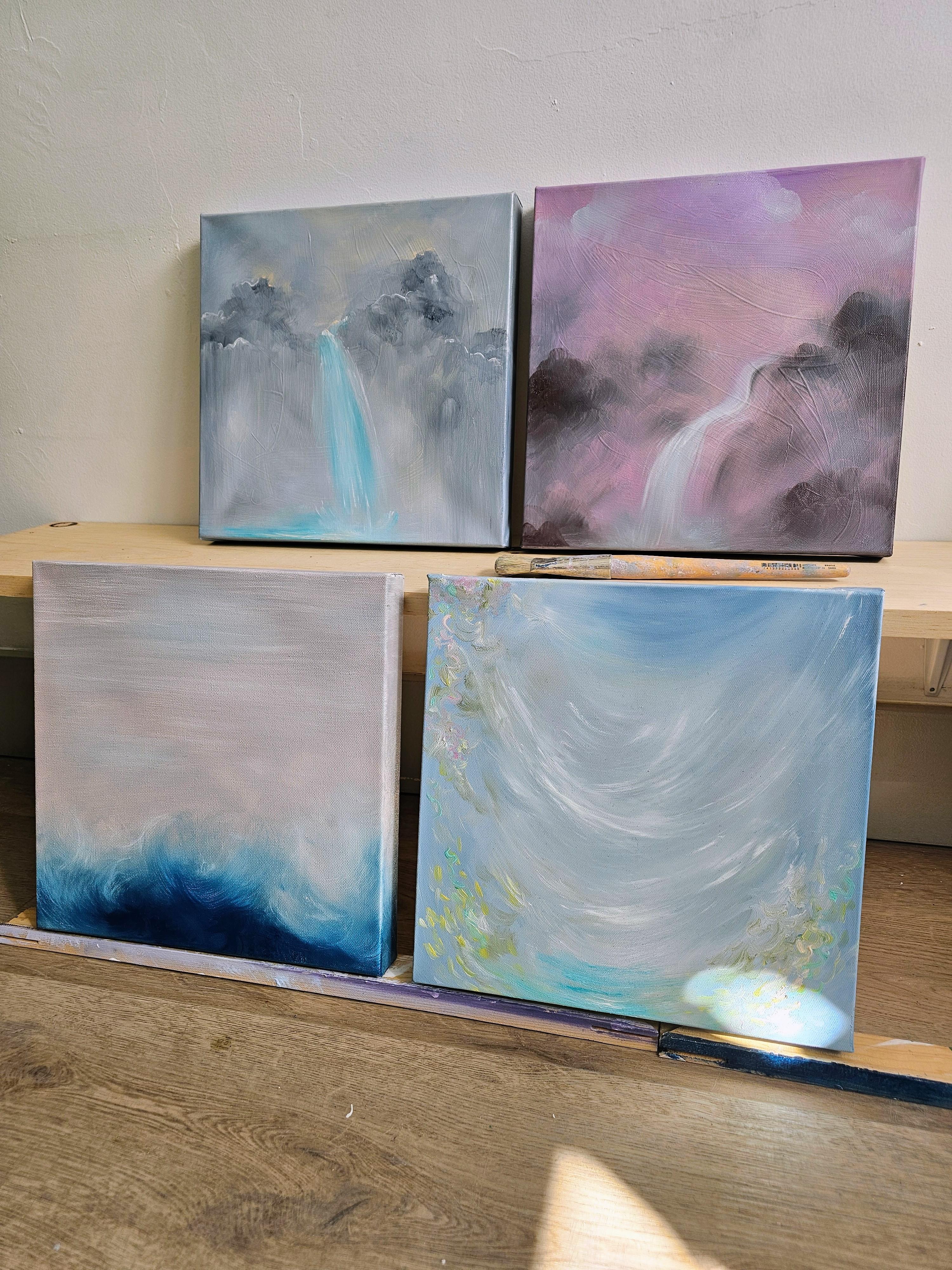 Sweetwater - Peinture abstraite de paysage marin bleu et rose à l'atmosphère éthérée en vente 4