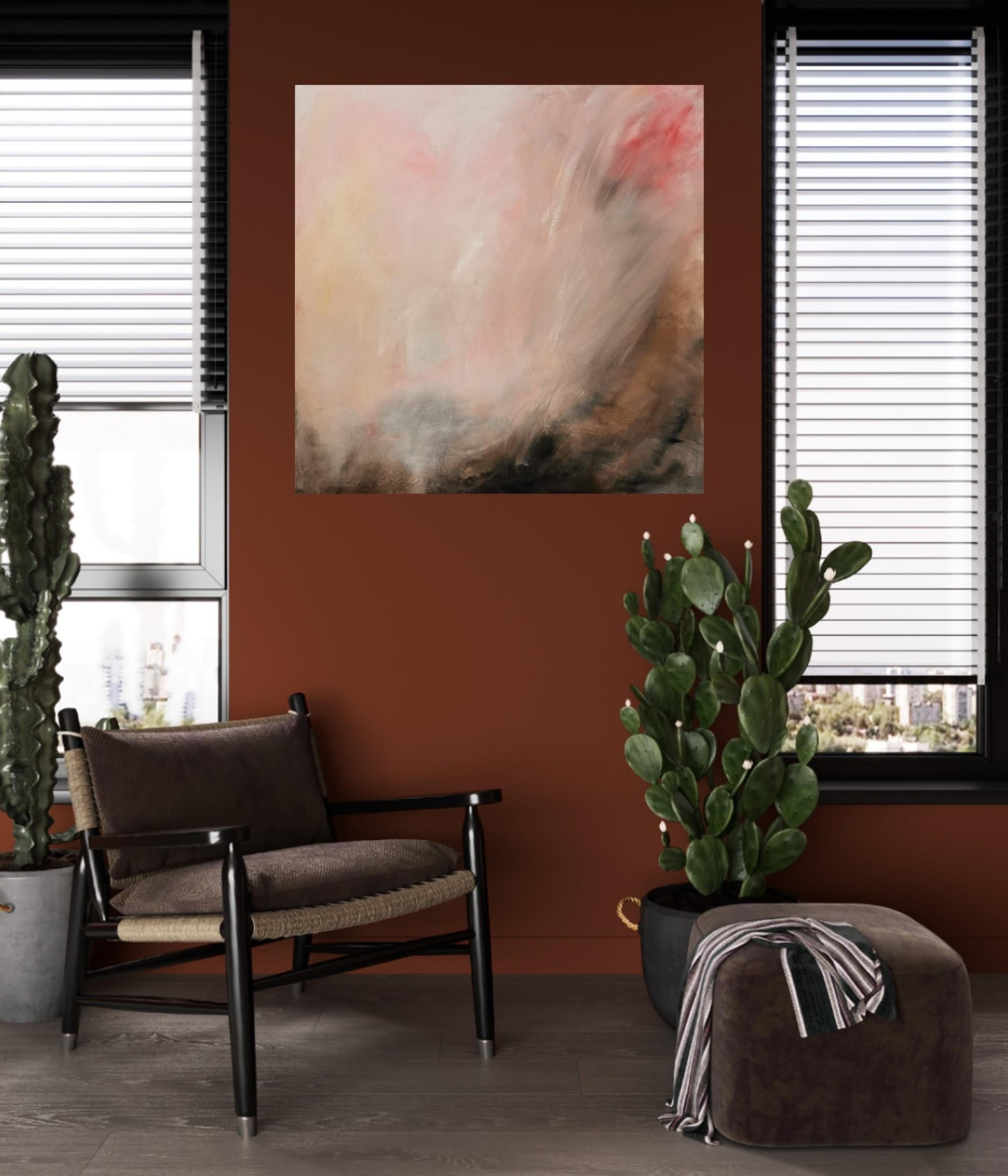 WARM - Grande peinture abstraite de paysage de coucher de soleil chaud - Marron Landscape Painting par Jennifer L. Baker