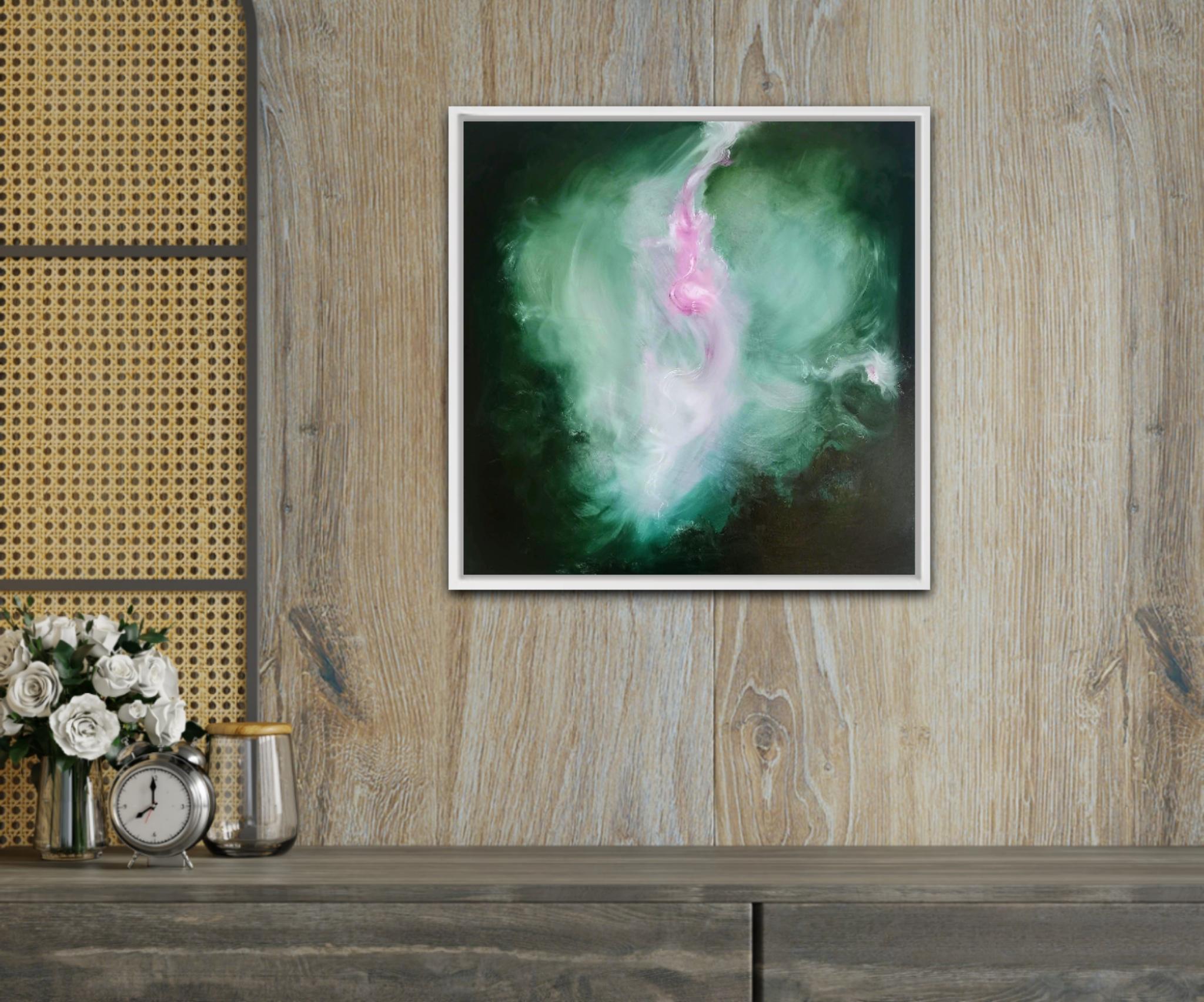 The Believer - Abstract floral painting in green and pink For Sale 7