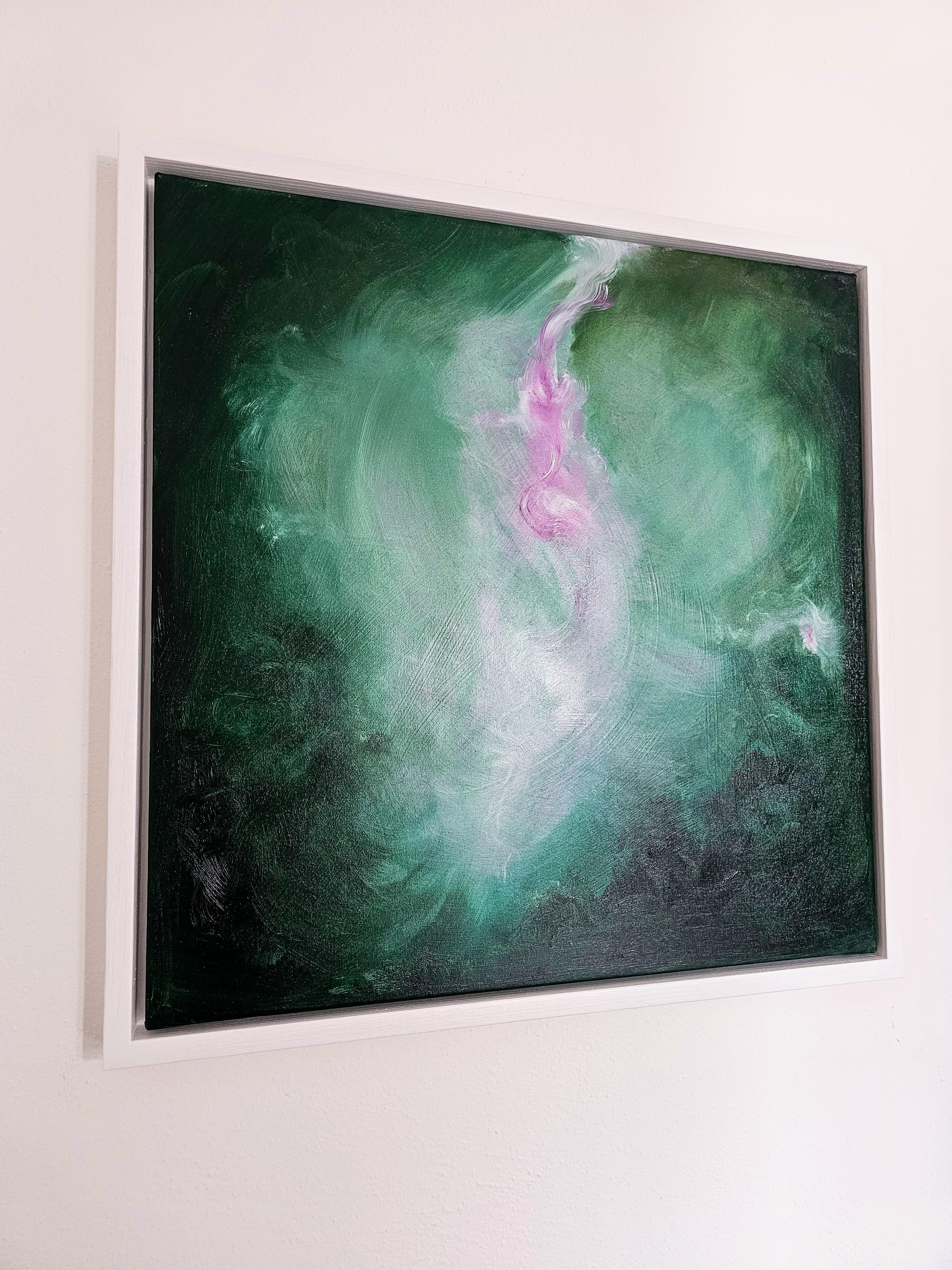 The Believer - Abstract floral painting in green and pink For Sale 8