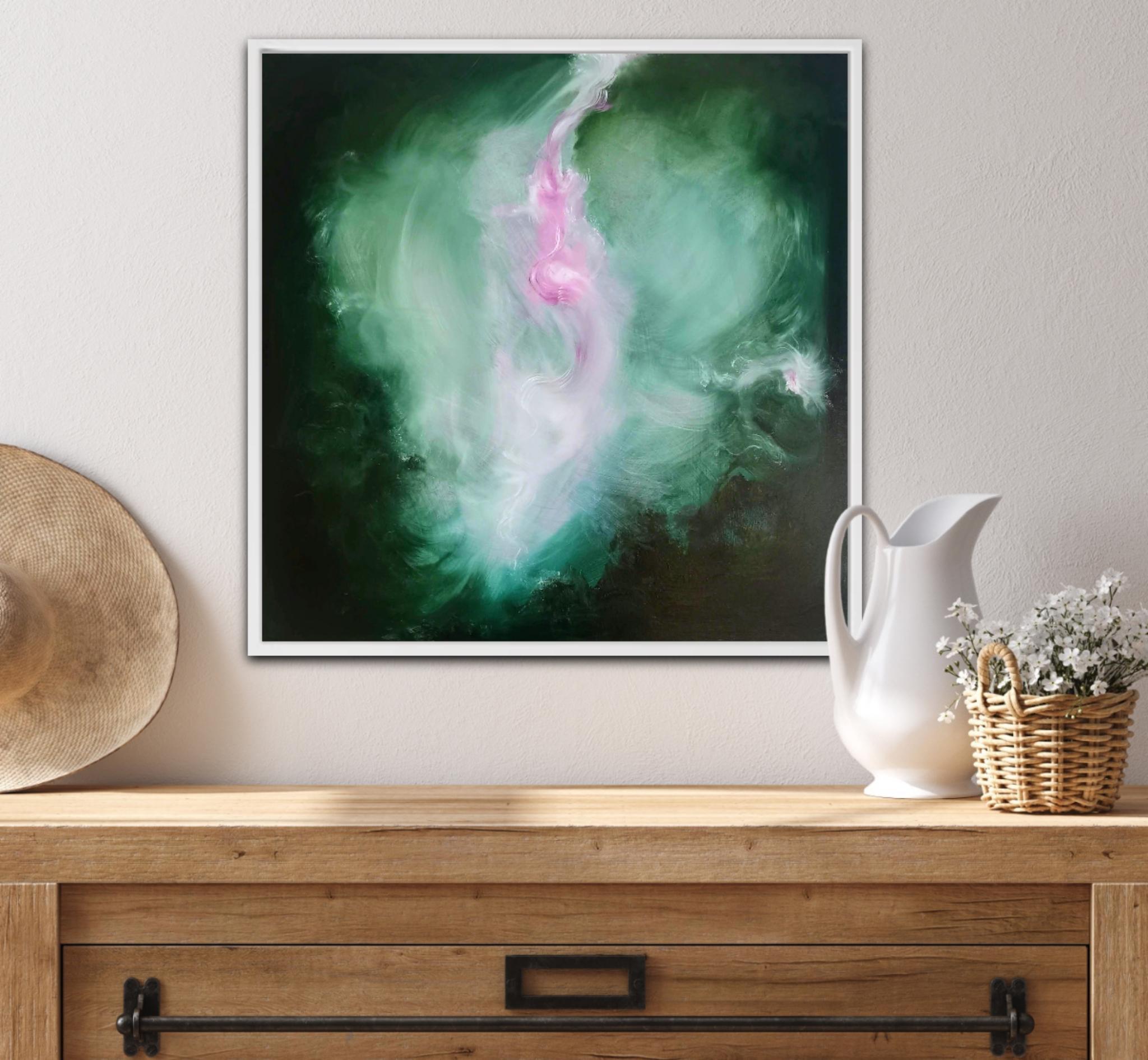 The Believer - Abstract floral painting in green and pink - Painting by Jennifer L. Baker