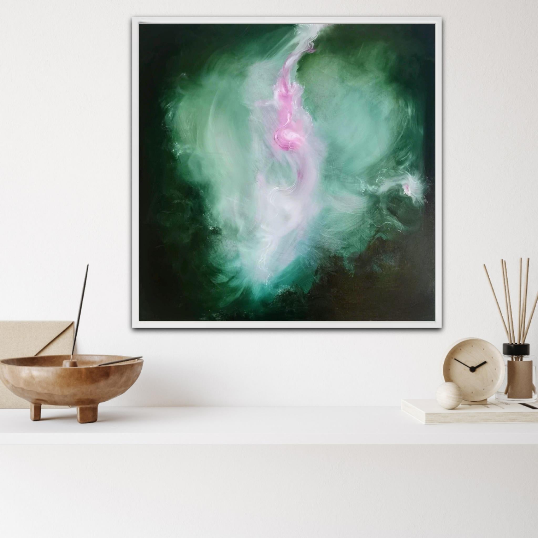 The Believer - Abstract floral painting in green and pink - Black Abstract Painting by Jennifer L. Baker