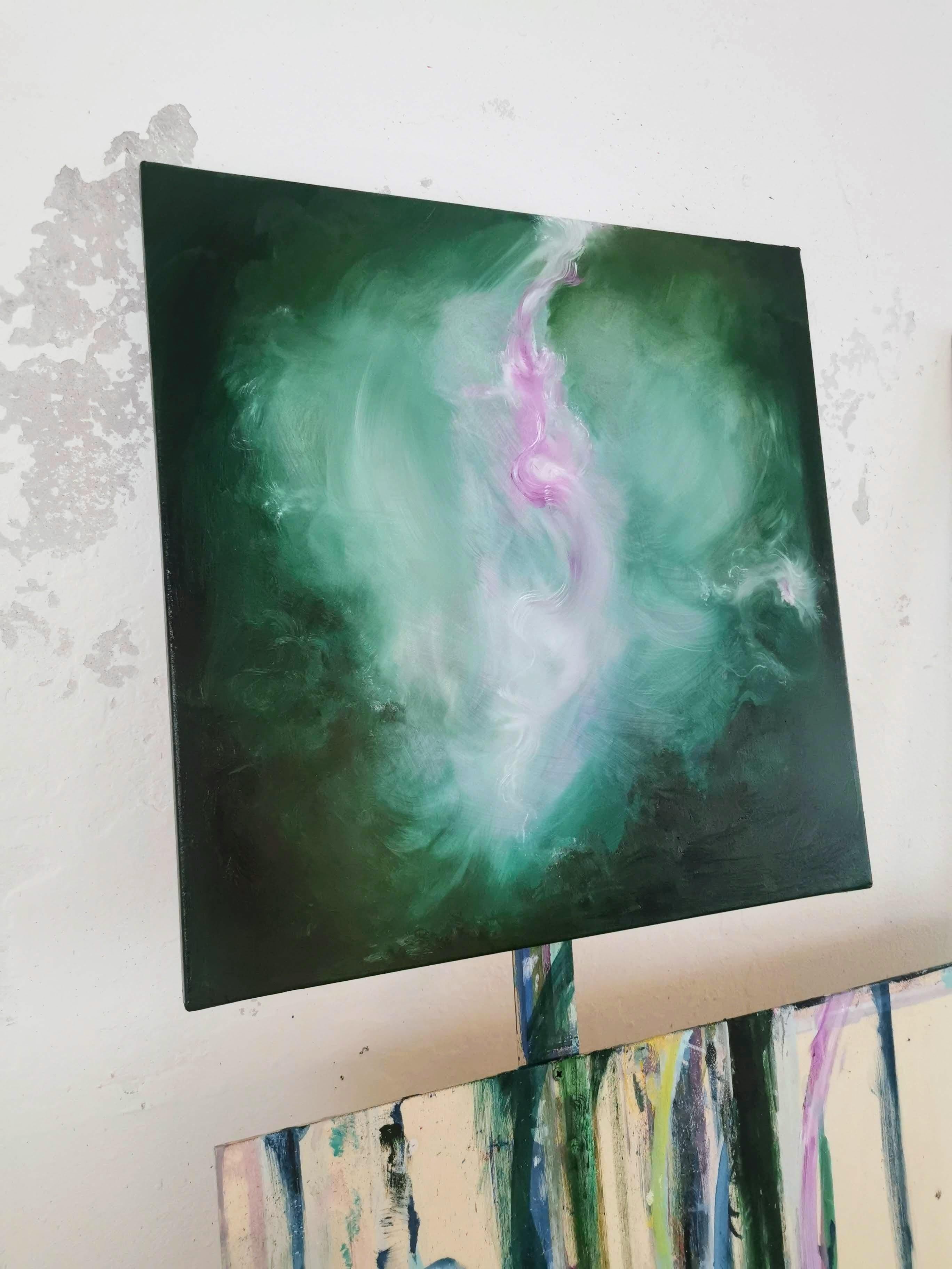 The Believer - Abstract floral painting in green and pink For Sale 1
