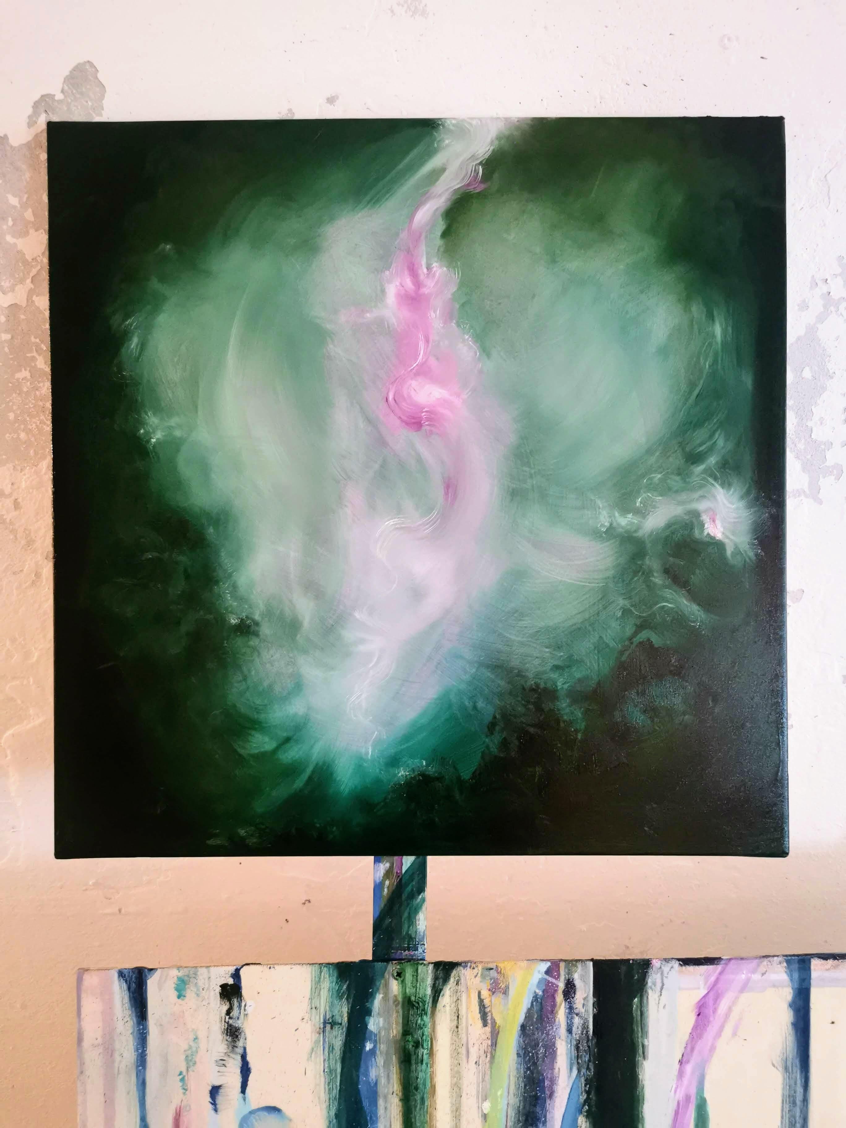 The Believer - Abstract floral painting in green and pink 1