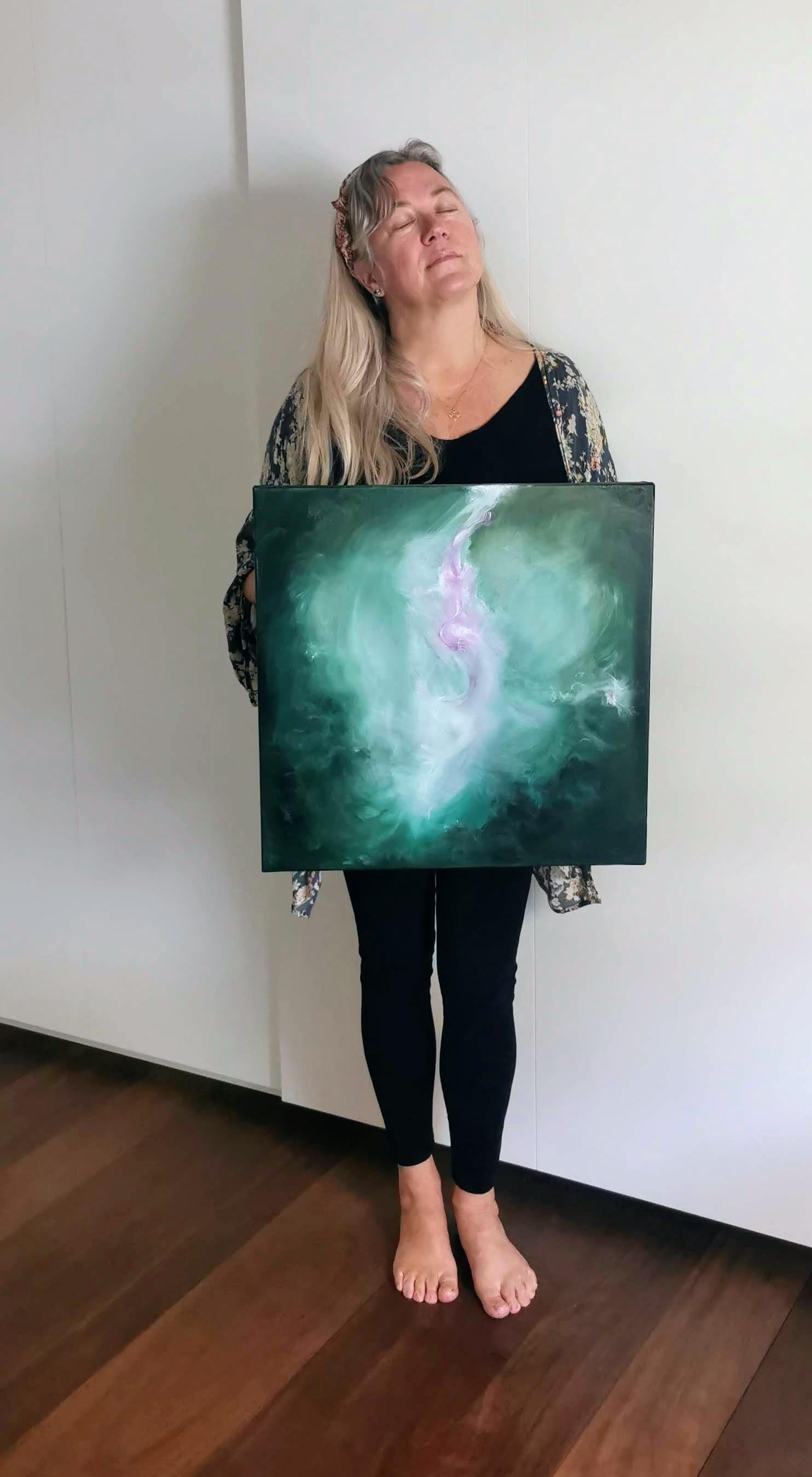 The Believer - Abstract floral painting in green and pink For Sale 3