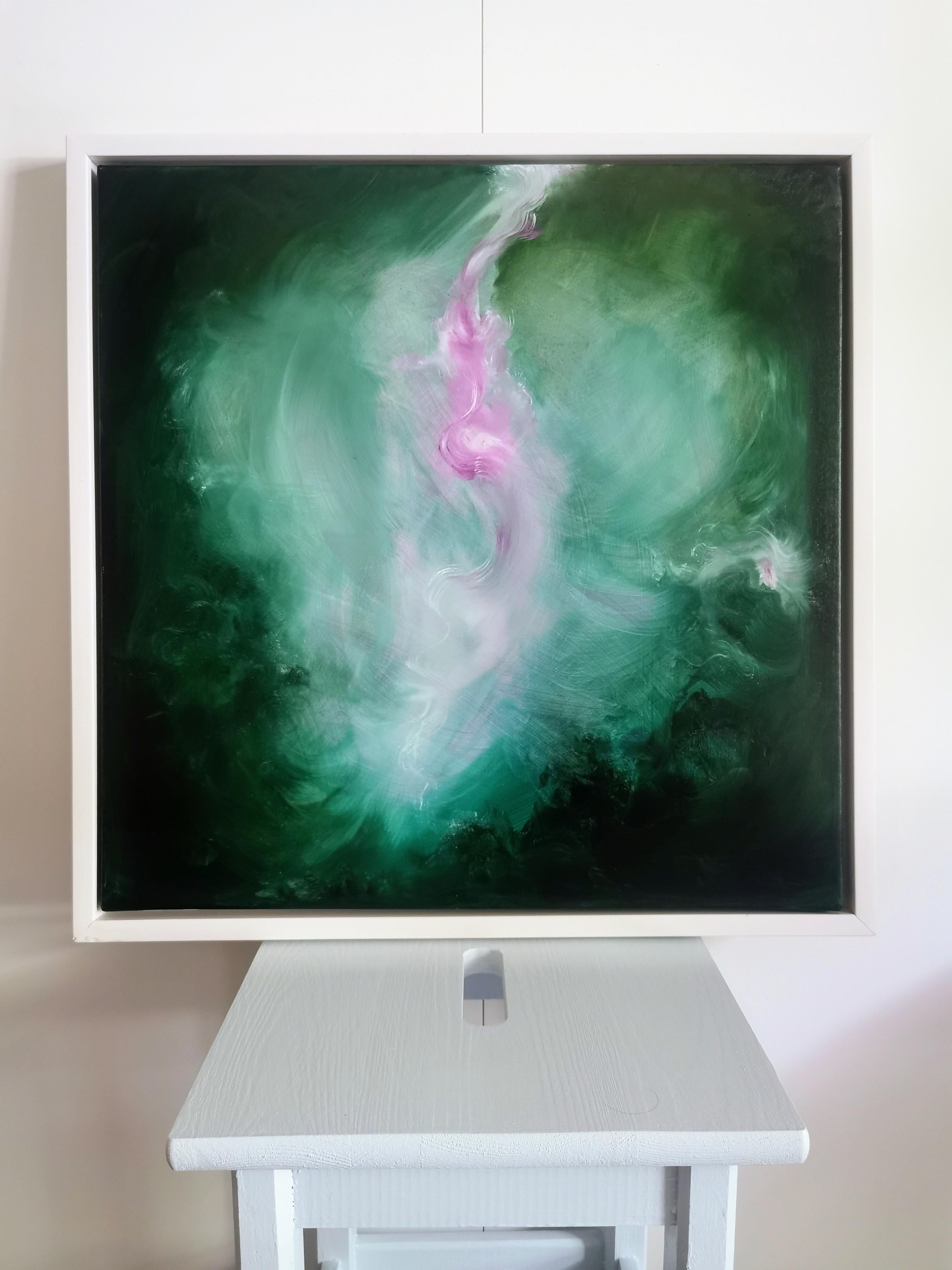 The Believer - Abstract floral painting in green and pink For Sale 4