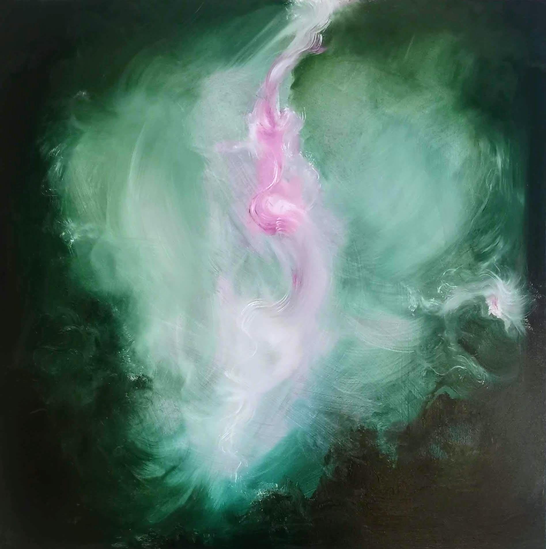 Jennifer L. Baker Abstract Painting - The Believer - Abstract floral painting in green and pink