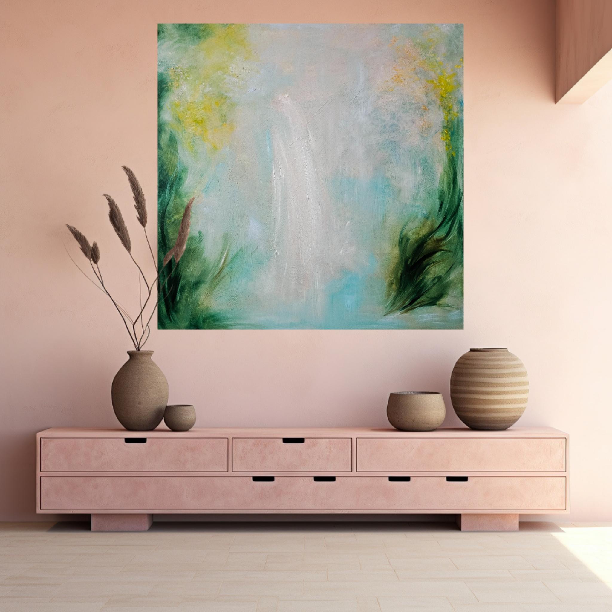 An ethereal, dreamy abstract landscape painting, inspired by the wilds of the Italian mountain streams and waterfalls. 