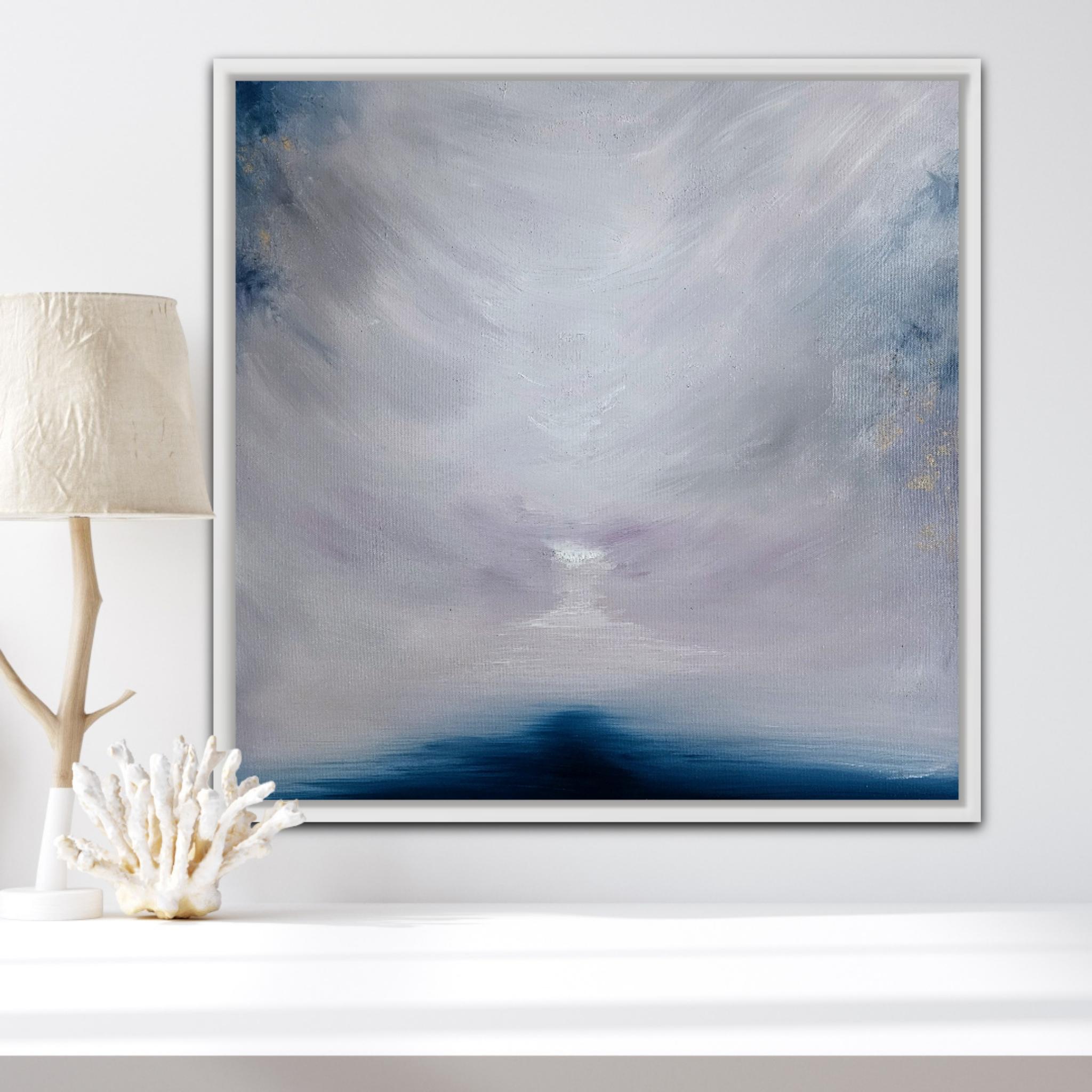 Il lago ghiacciato che si lascia andare - Quadro astratto di paesaggio marino in bianco e blu in vendita 9