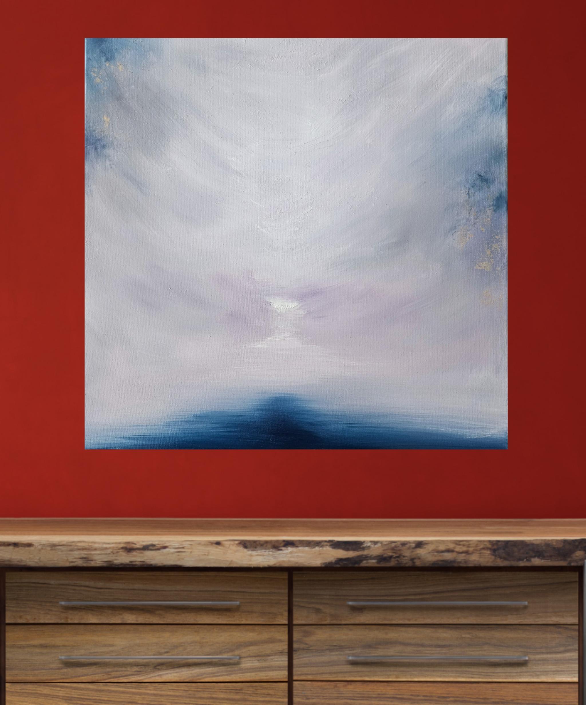 Il lago ghiacciato che si lascia andare - Quadro astratto di paesaggio marino in bianco e blu in vendita 10