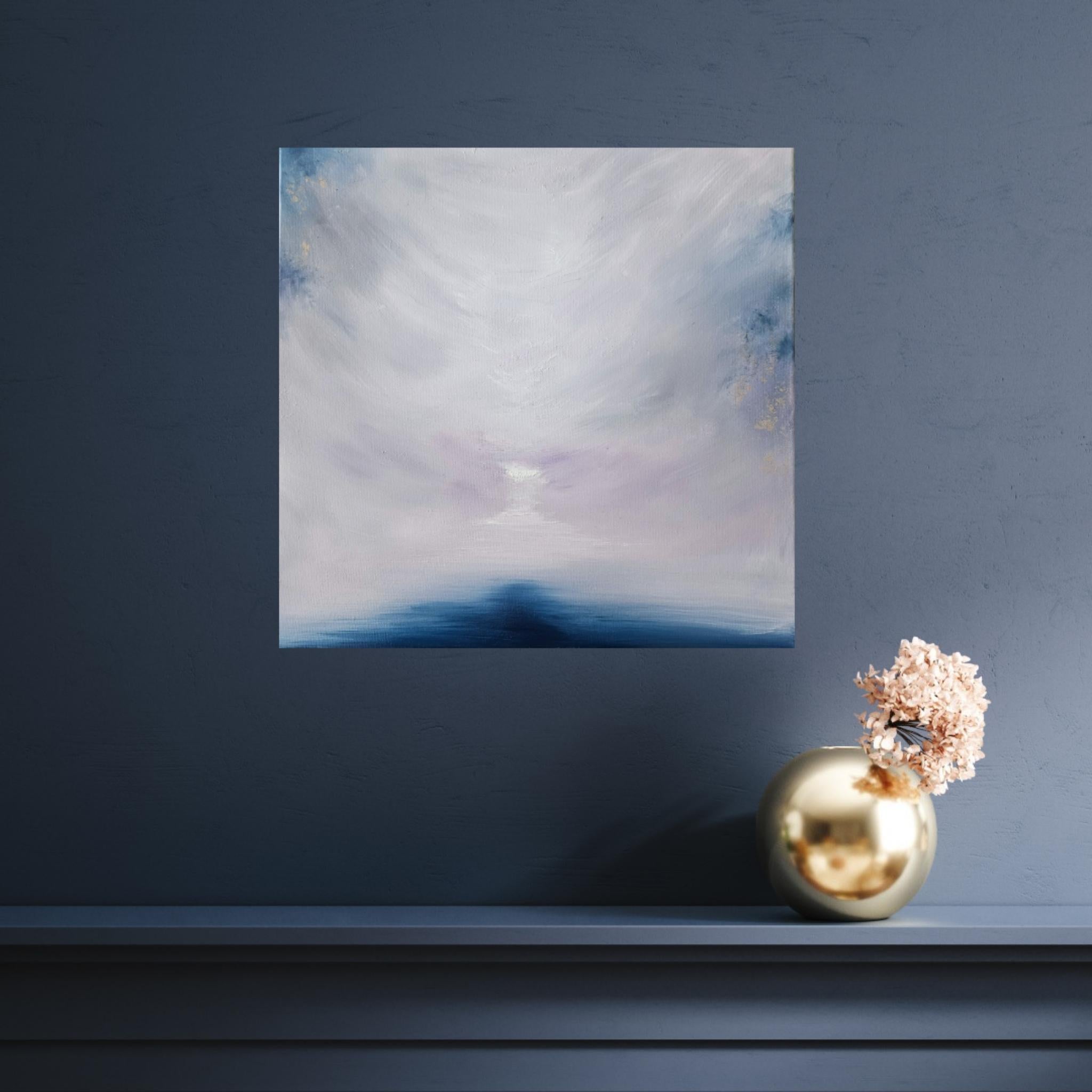 Il lago ghiacciato che si lascia andare - Quadro astratto di paesaggio marino in bianco e blu in vendita 11