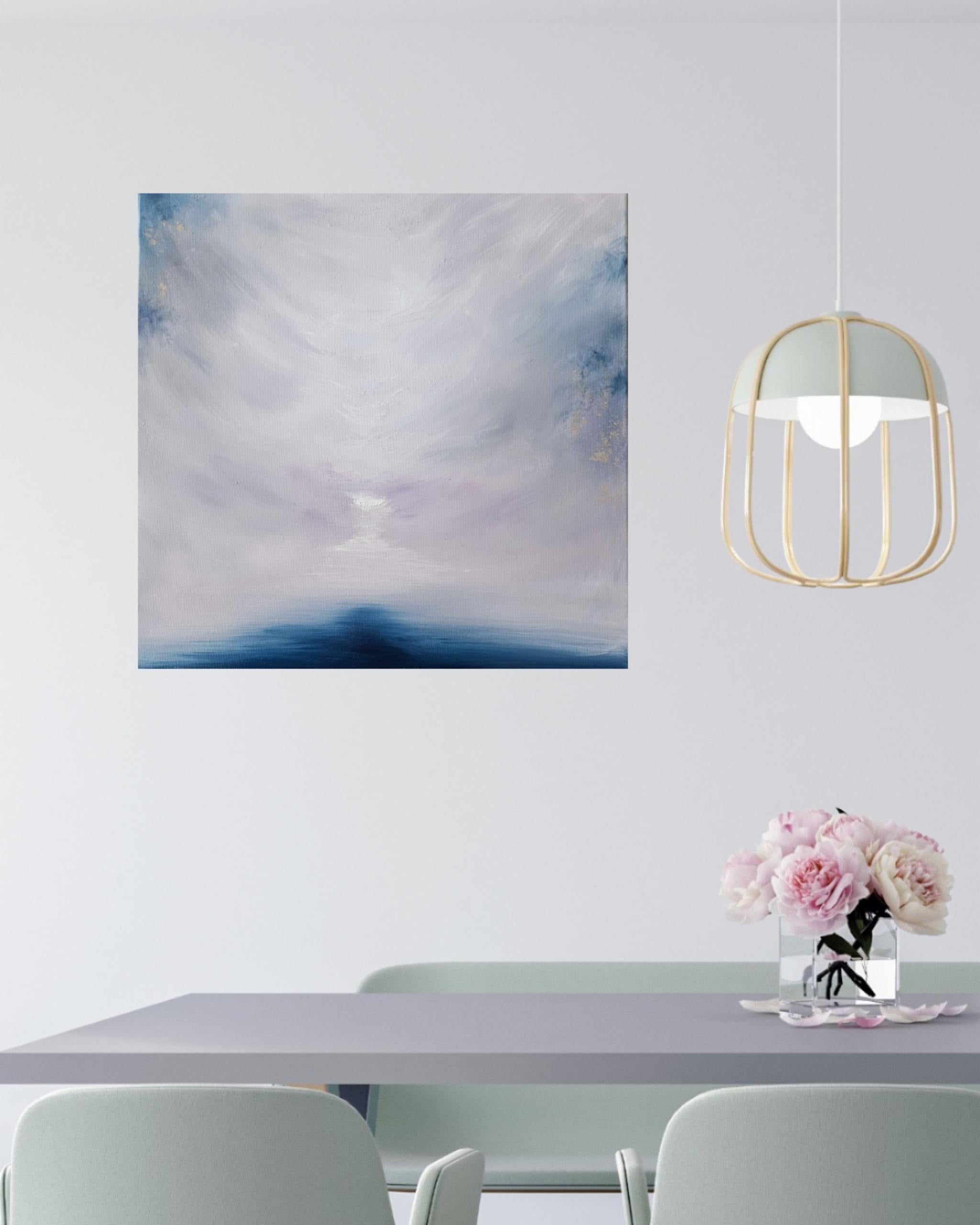 Il lago ghiacciato che si lascia andare - Quadro astratto di paesaggio marino in bianco e blu in vendita 12