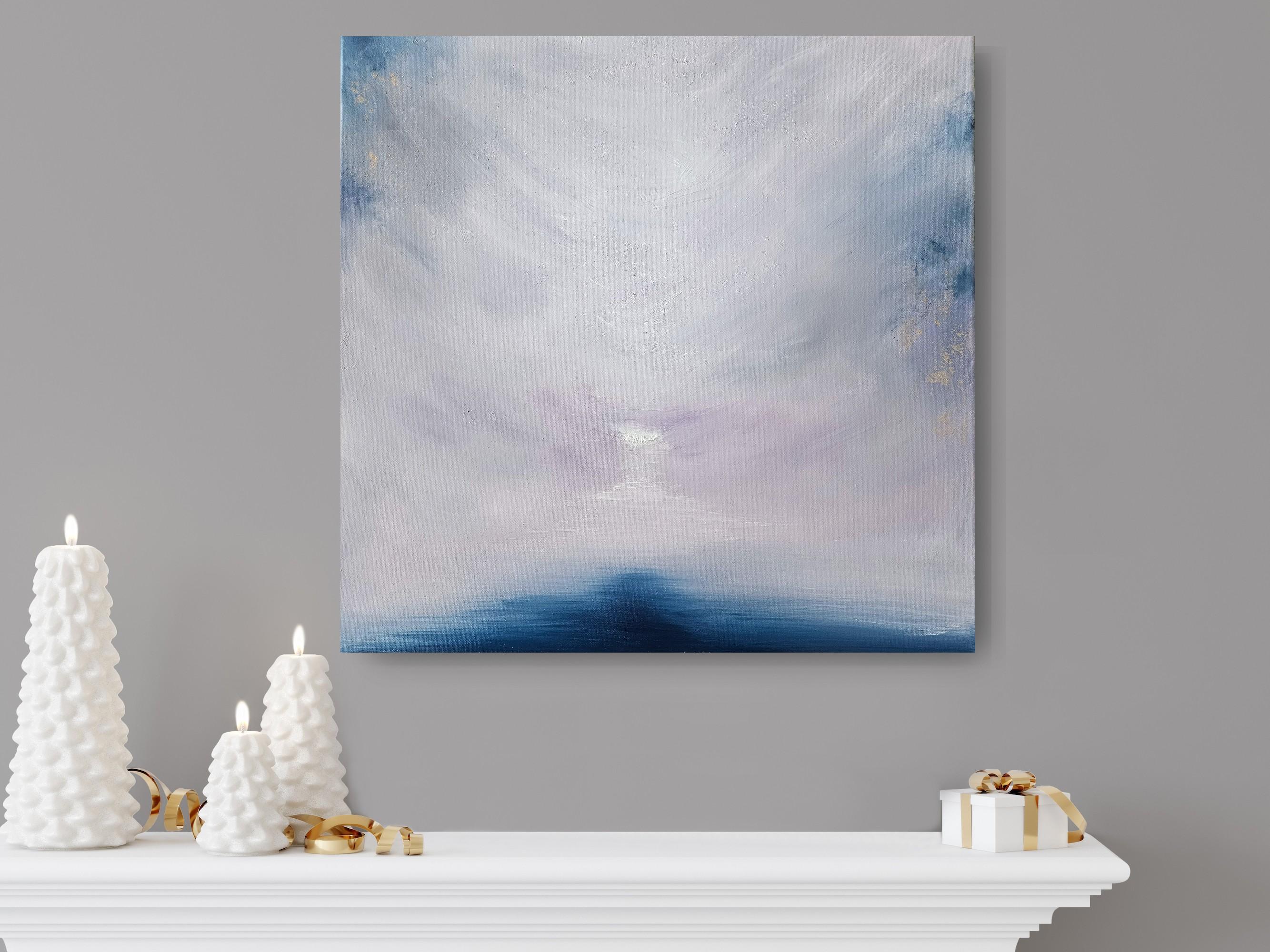 Il lago ghiacciato che si lascia andare - Quadro astratto di paesaggio marino in bianco e blu - Painting Contemporaneo di Jennifer L. Baker
