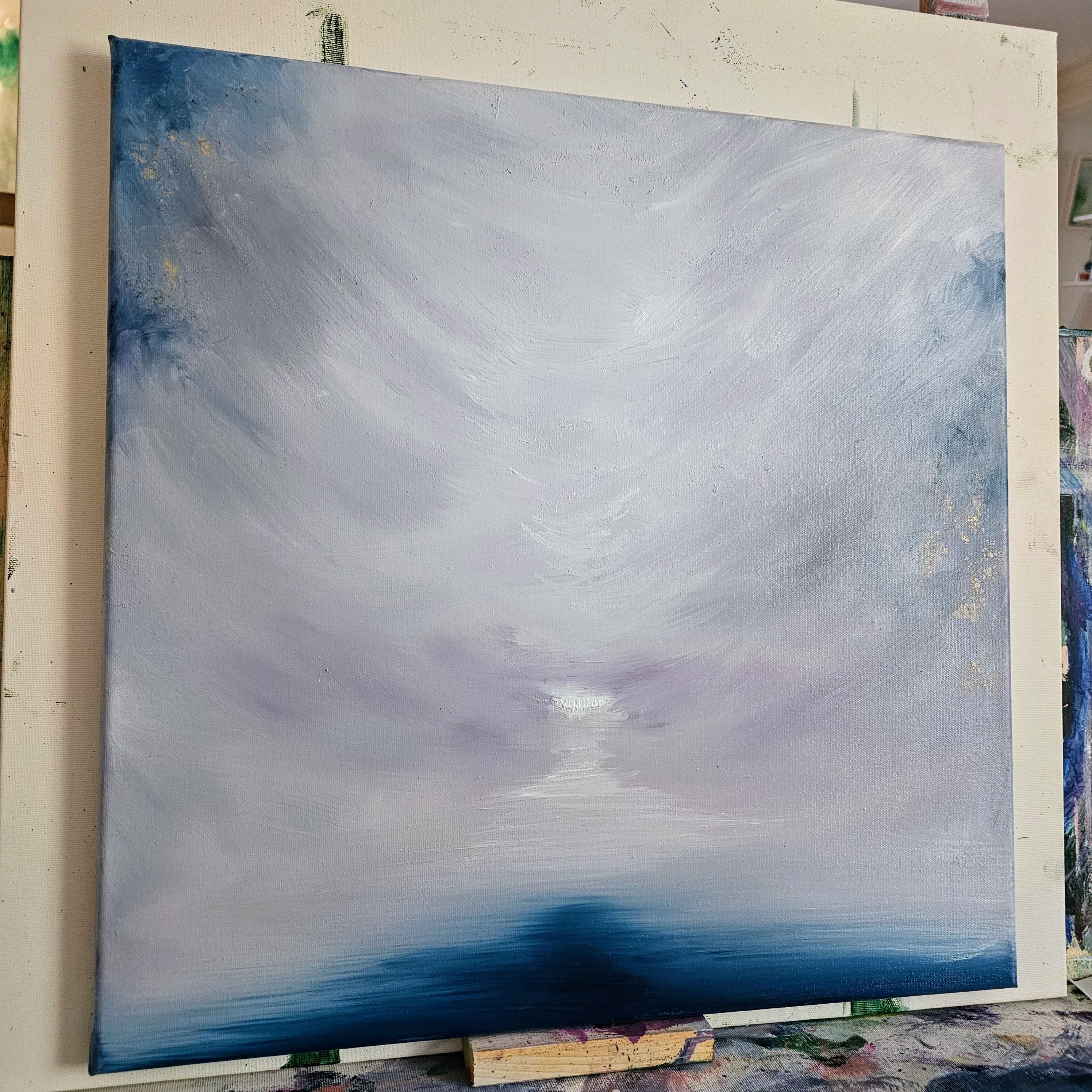 Il lago ghiacciato che si lascia andare - Quadro astratto di paesaggio marino in bianco e blu in vendita 5