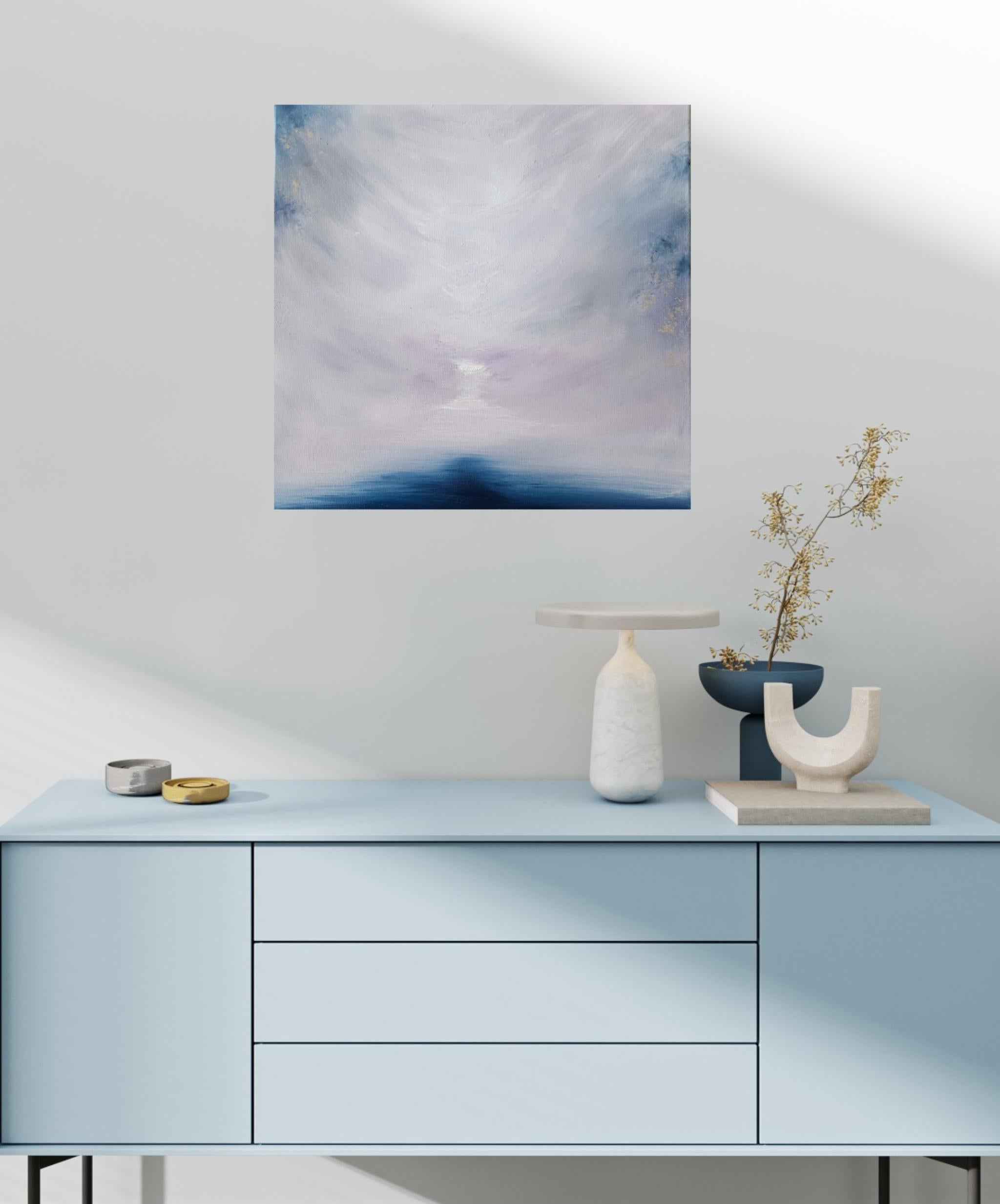 Il lago ghiacciato che si lascia andare - Quadro astratto di paesaggio marino in bianco e blu in vendita 1