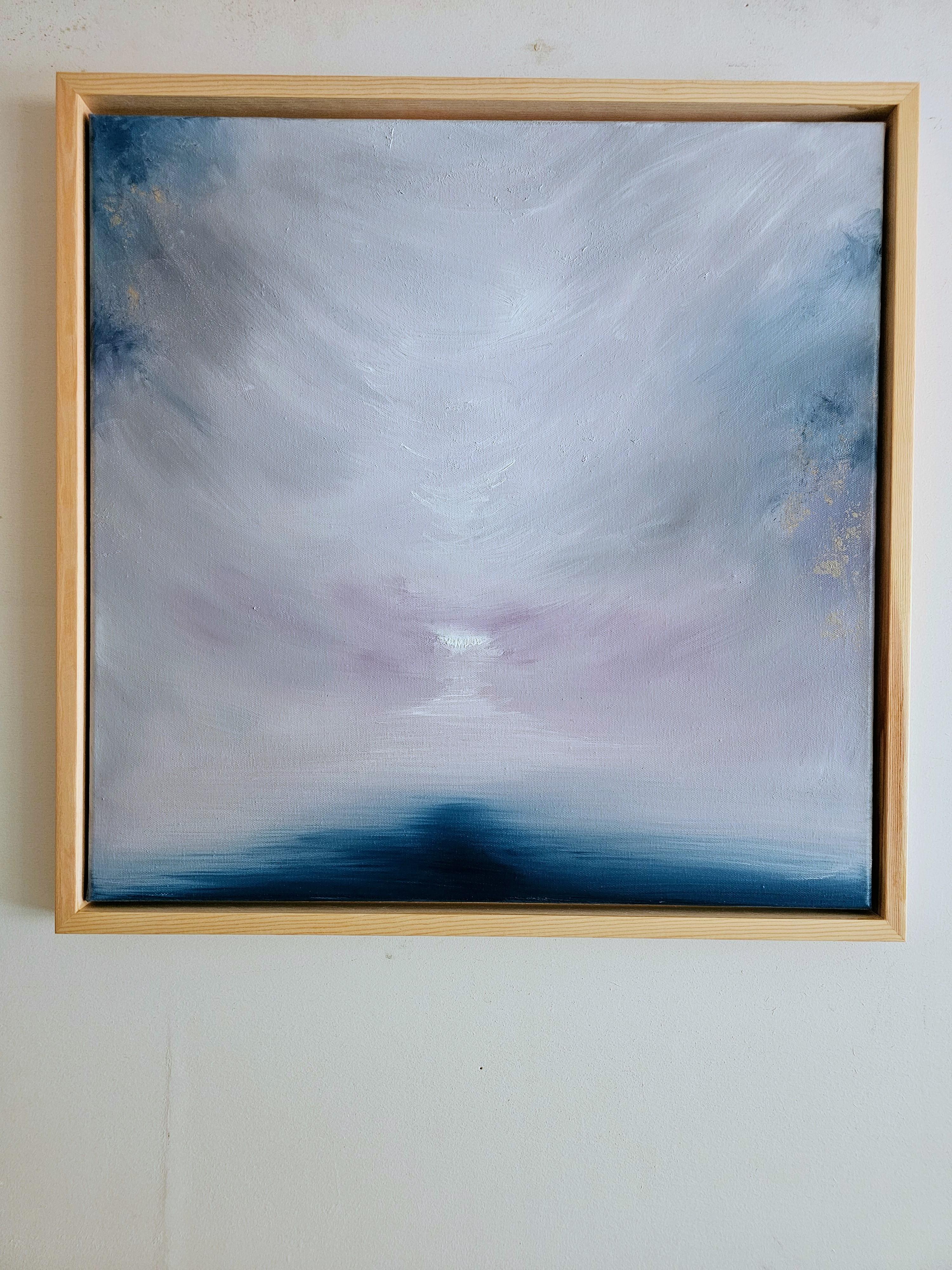 The frozen Lake letting go - Abstraktes blau-weißes Landschafts- Meereslandschaftsgemälde in Blau (Zeitgenössisch), Painting, von Jennifer L. Baker