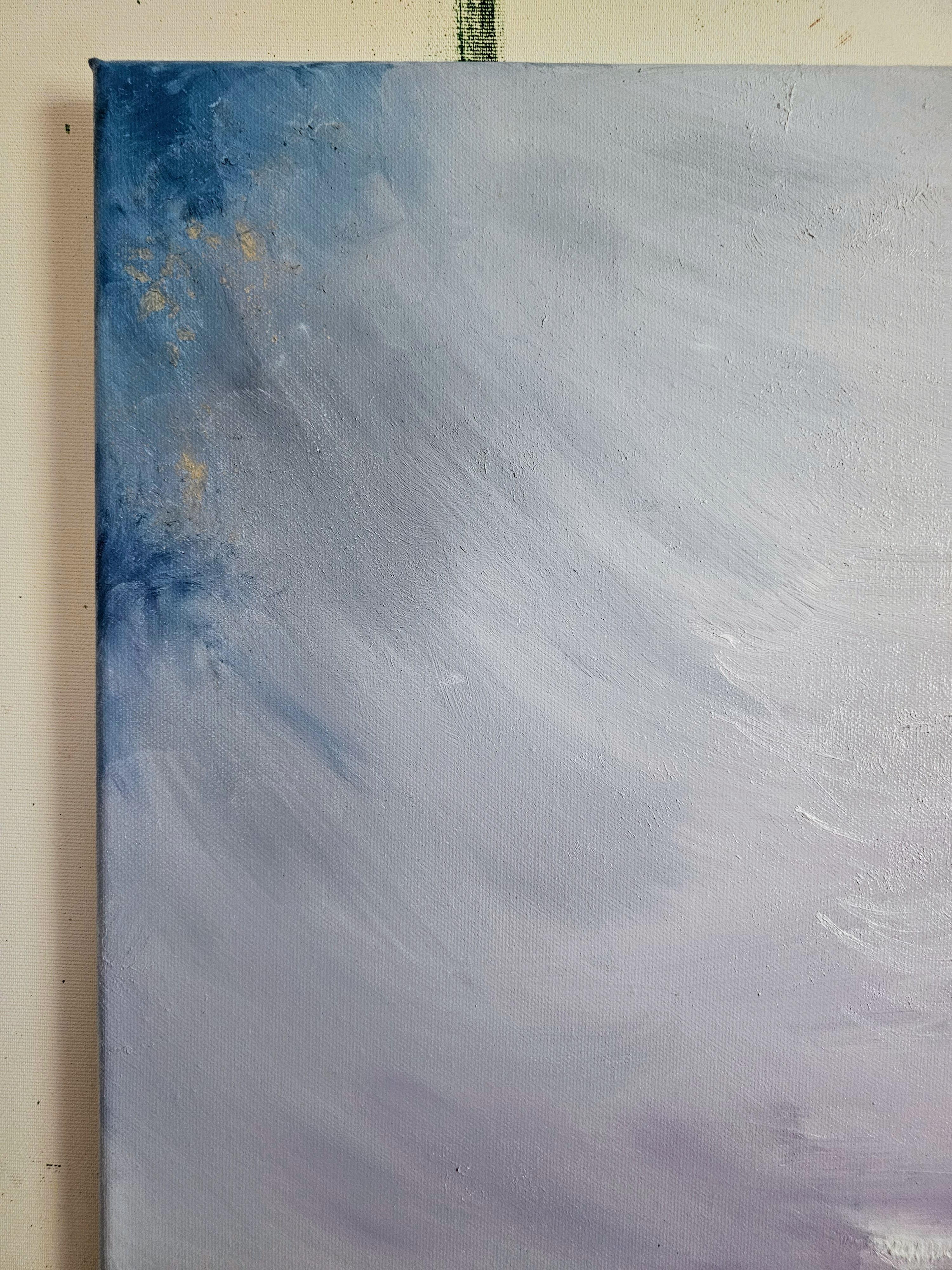Il lago ghiacciato che si lascia andare - Quadro astratto di paesaggio marino in bianco e blu in vendita 6
