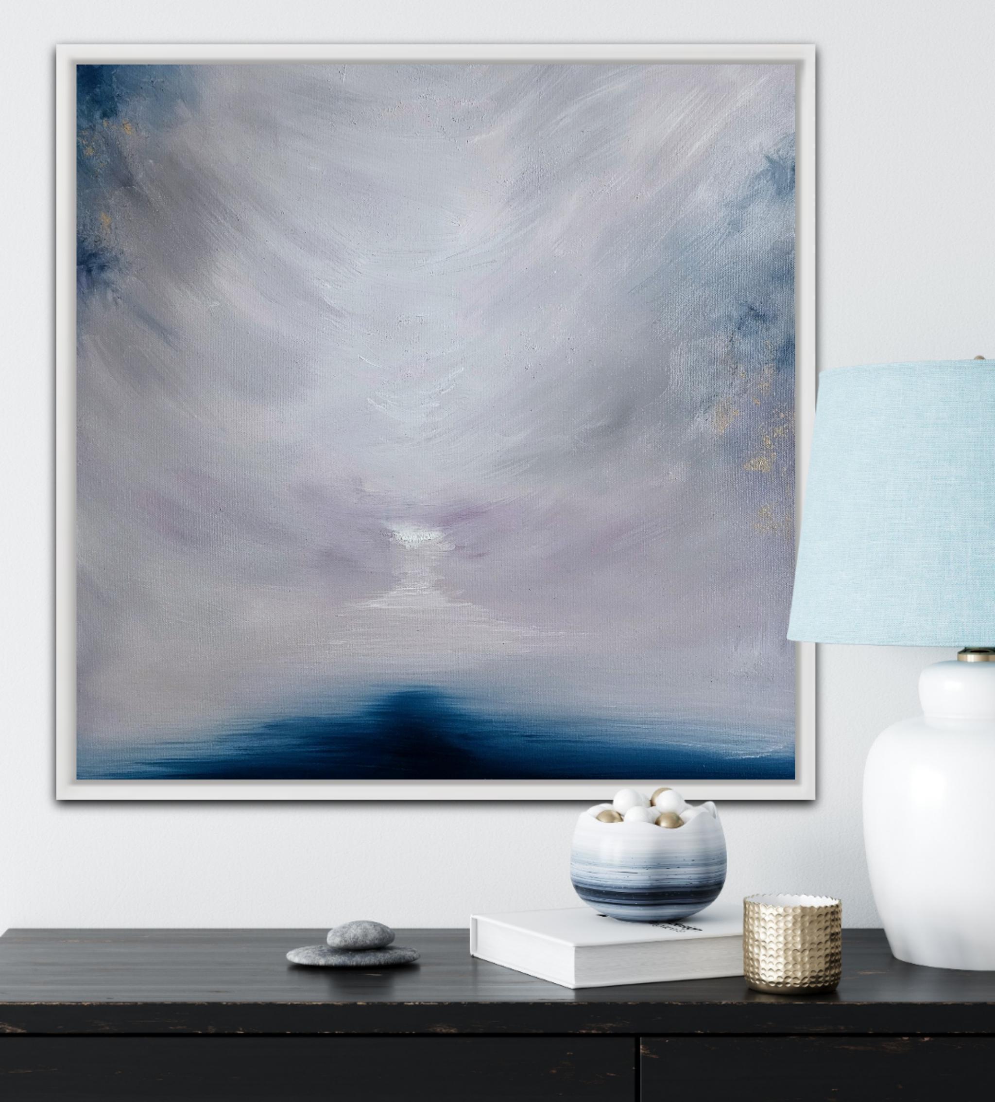 Il lago ghiacciato che si lascia andare - Quadro astratto di paesaggio marino in bianco e blu in vendita 8