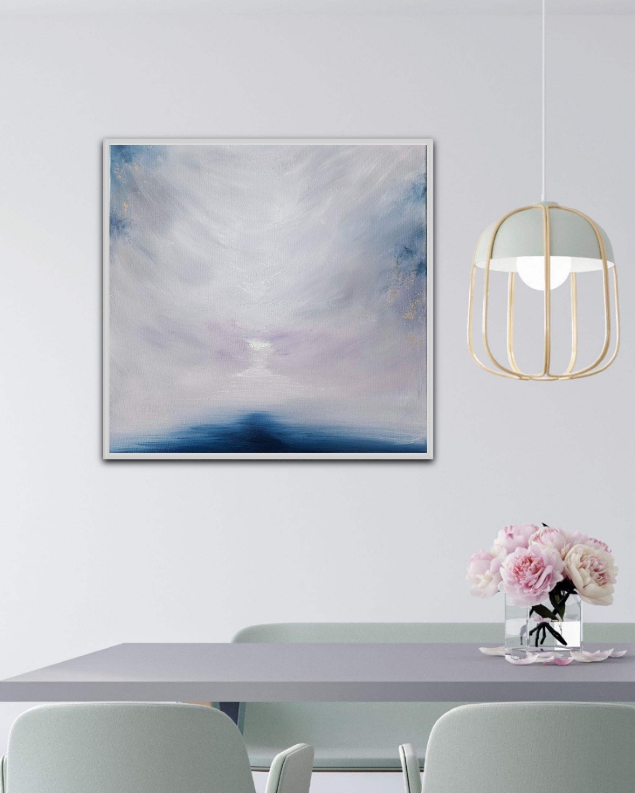 Il lago ghiacciato che si lascia andare - Quadro astratto di paesaggio marino in bianco e blu in vendita 4
