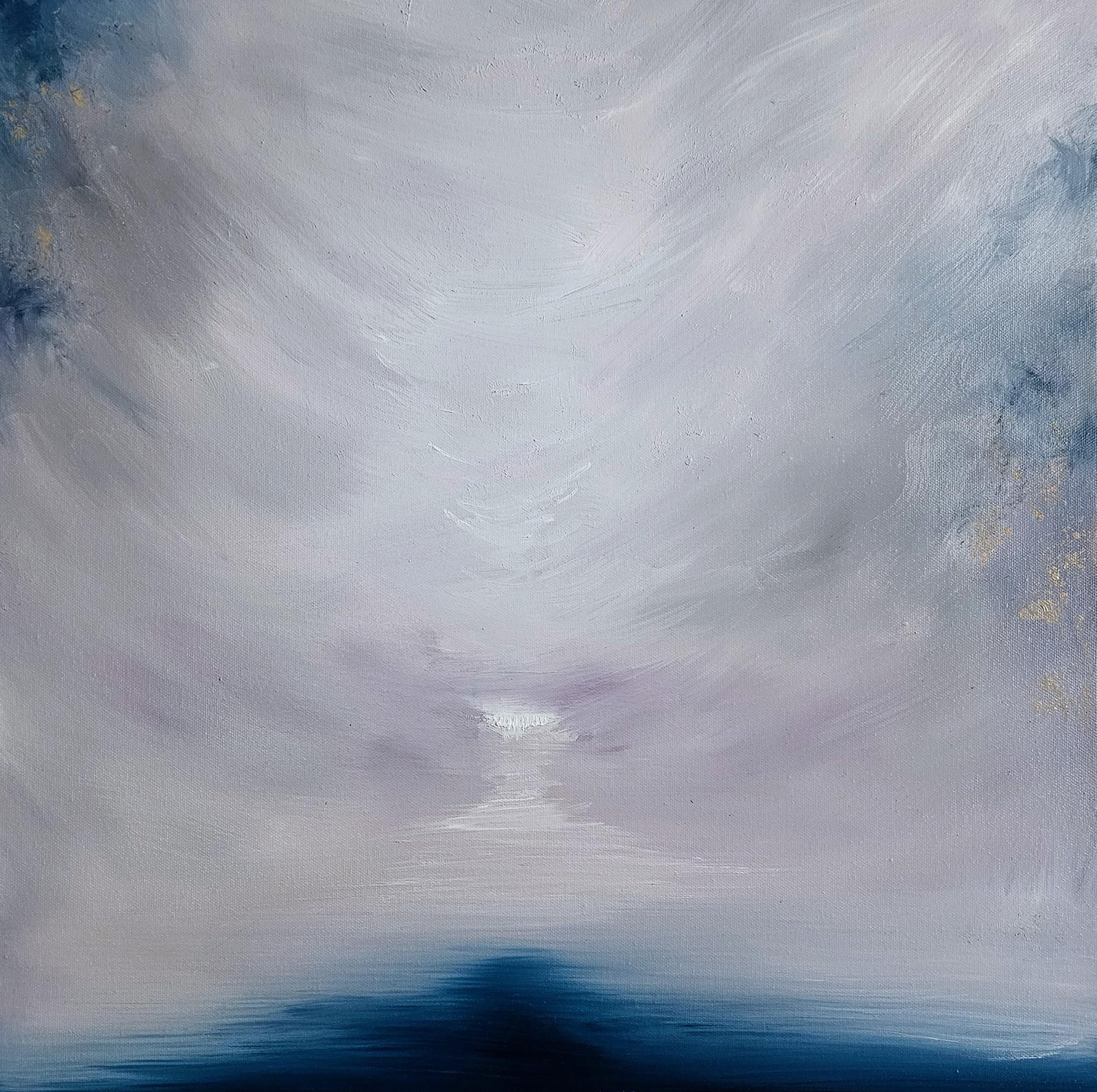 Il lago ghiacciato che si lascia andare - Quadro astratto di paesaggio marino in bianco e blu - Painting di Jennifer L. Baker