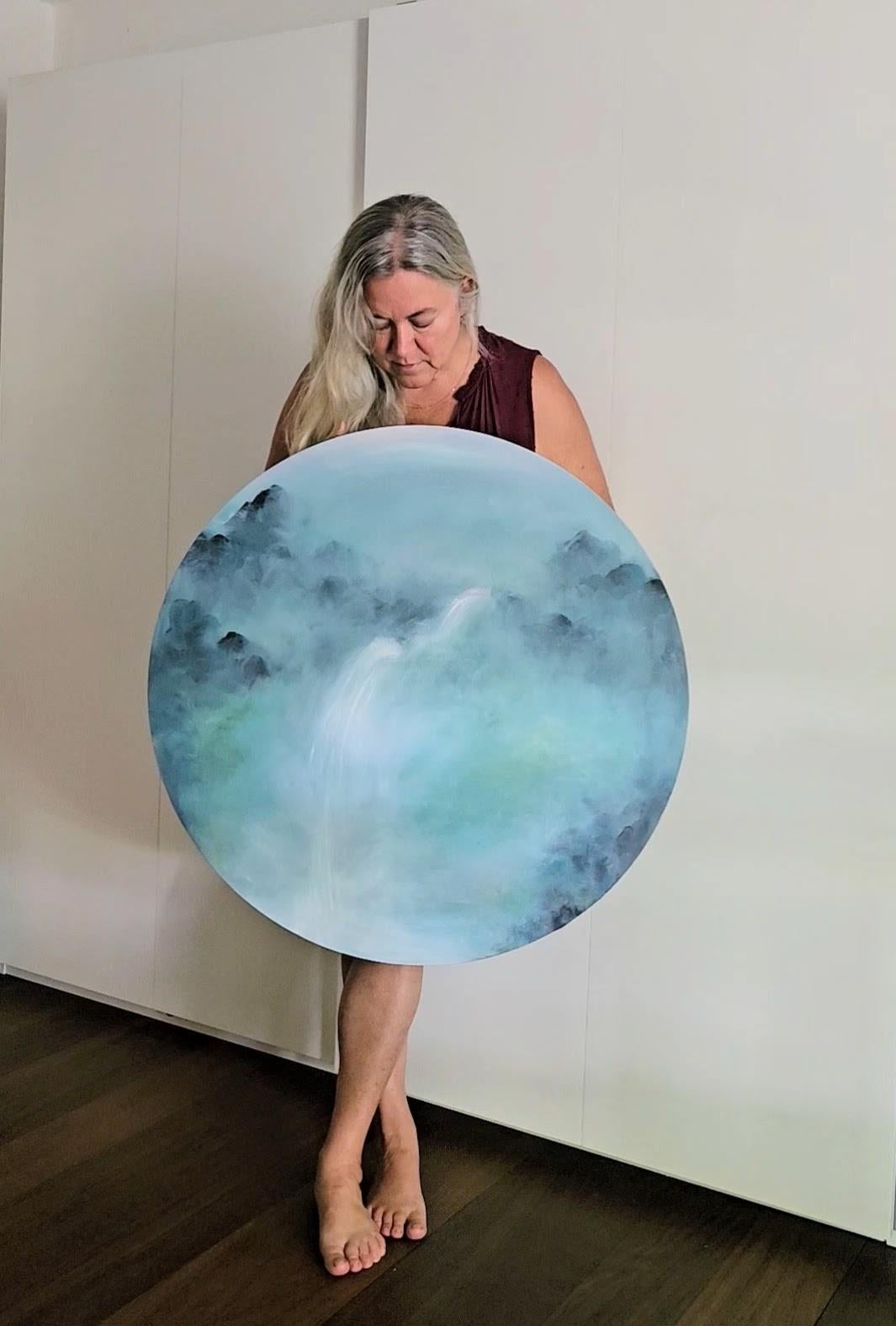 The Lark Ascending - Round canvas abstract landscape painting - Painting by Jennifer L. Baker