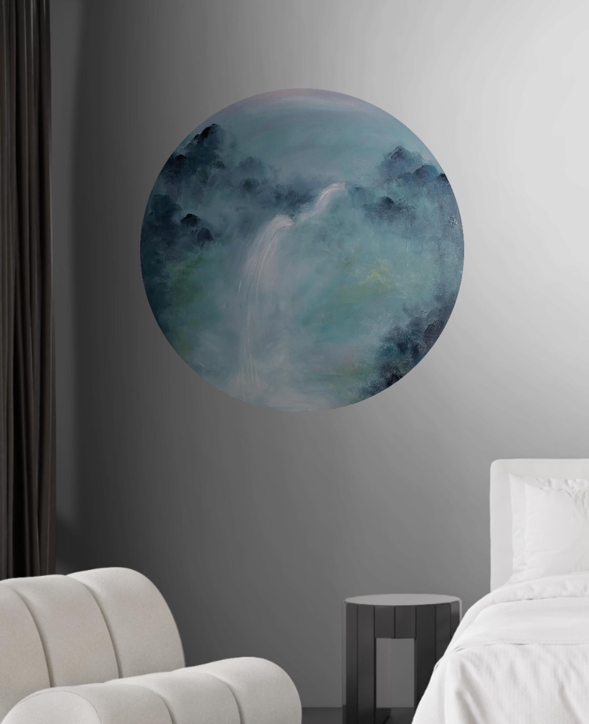 The Lark Ascending - Round canvas abstract landscape painting - Gray Abstract Painting by Jennifer L. Baker