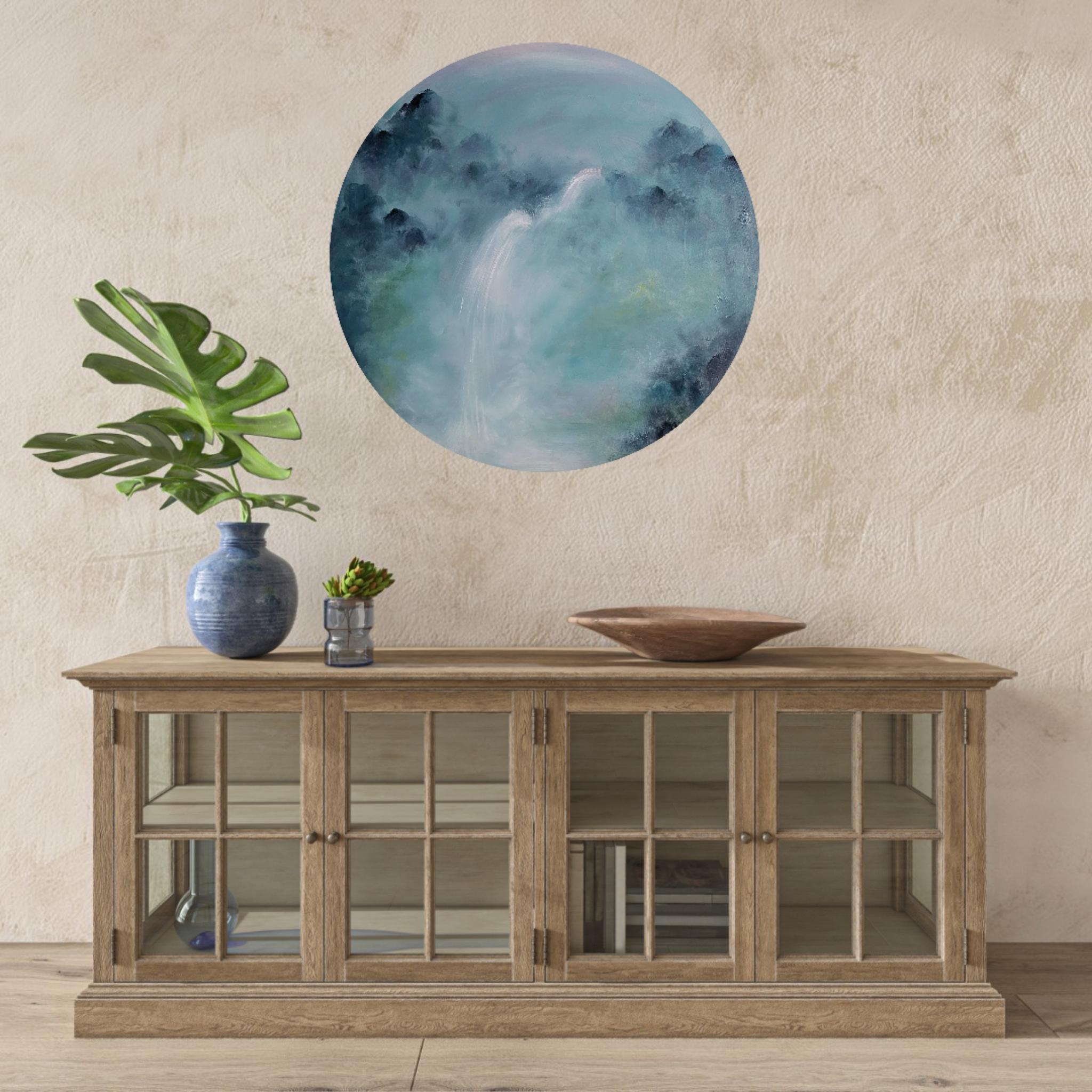 A beautiful round canvas abstract landscape painting, with mystical mountains and a waterfall, inspired by the beautiful music with the same name, 