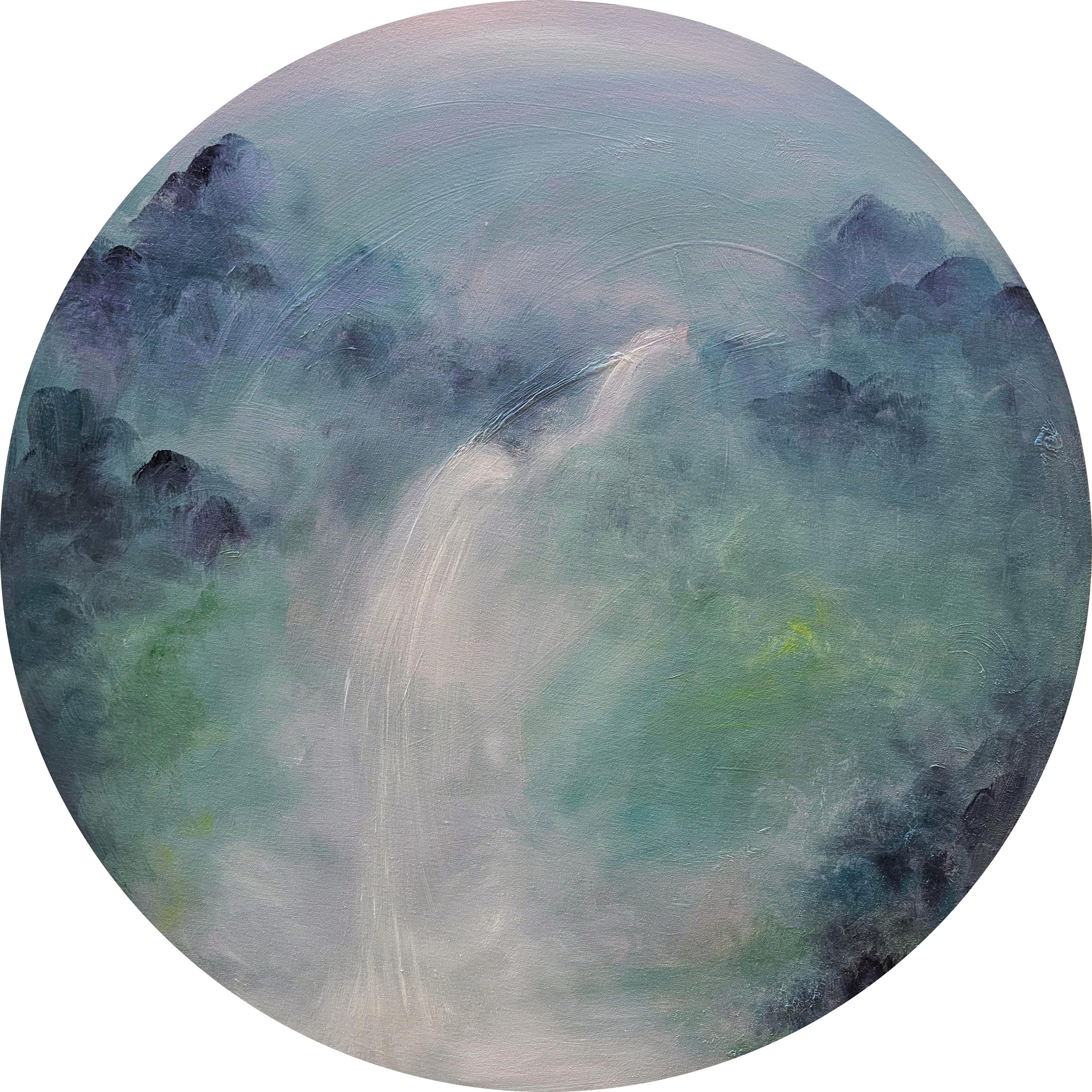 Jennifer L. Baker Abstract Painting - The Lark Ascending - Round canvas abstract landscape painting