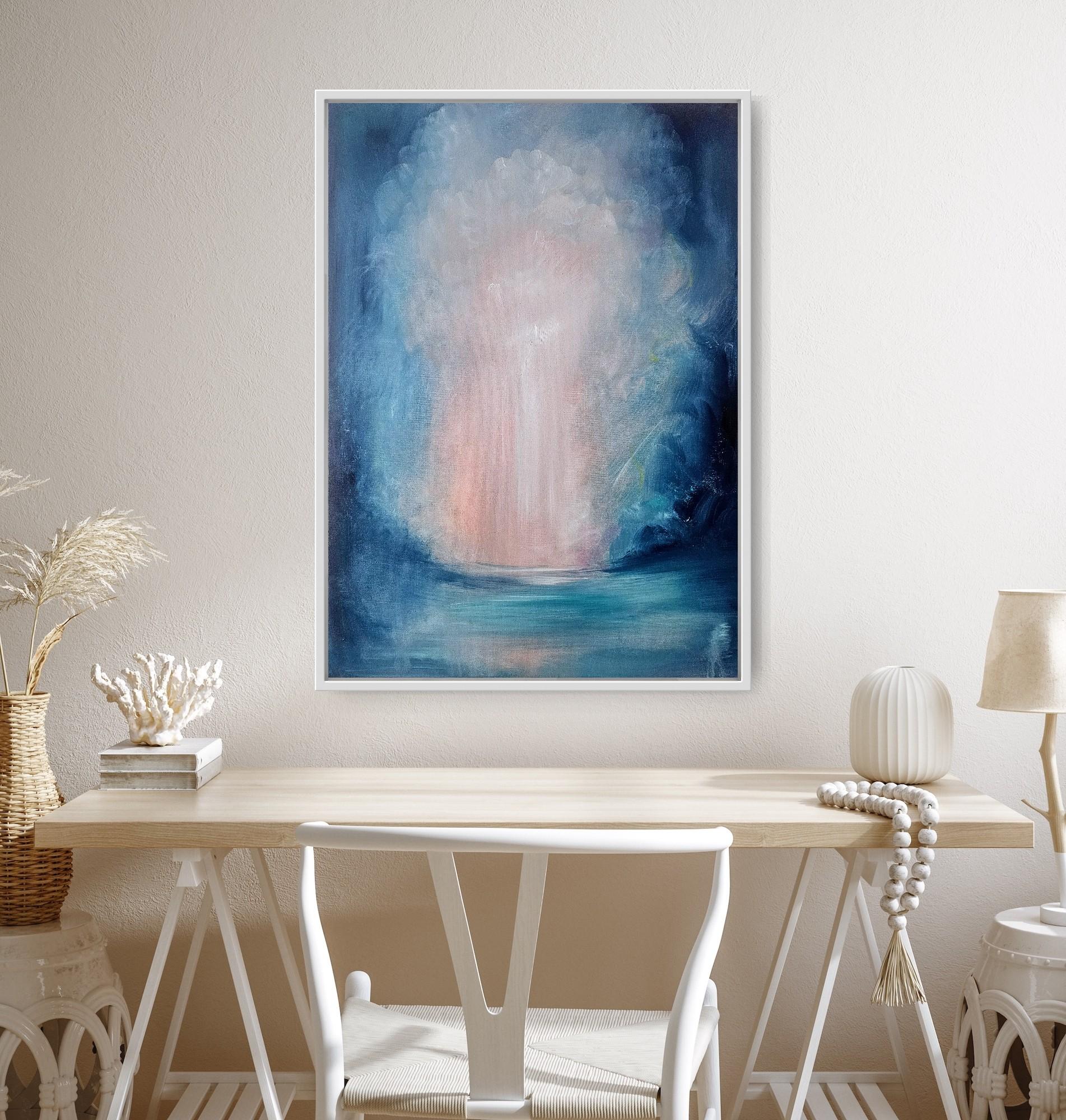 La luce alla fine del tunnel - Quadro astratto blu con paesaggio marino - Painting Contemporaneo di Jennifer L. Baker