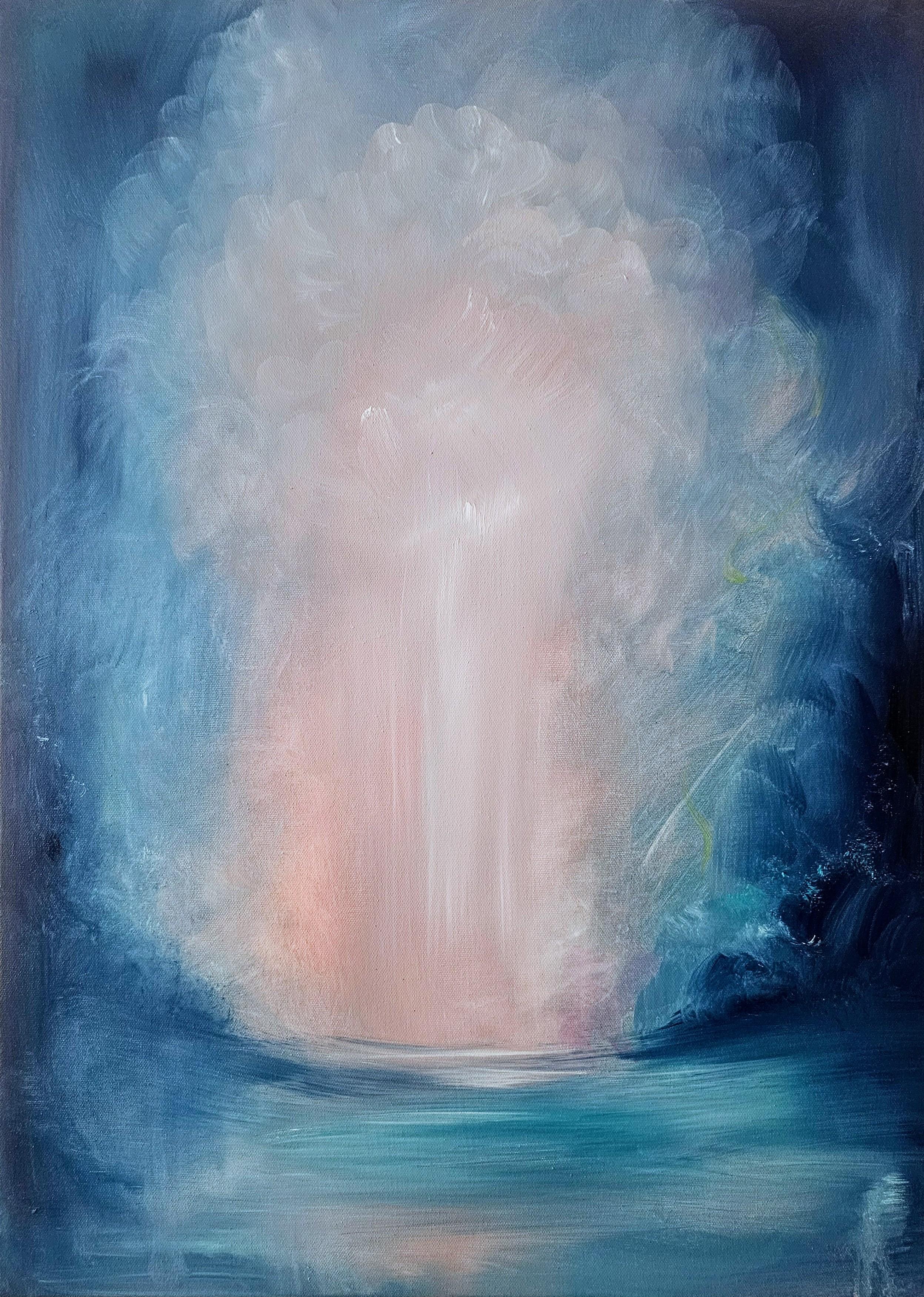 La luce alla fine del tunnel - Quadro astratto blu con paesaggio marino - Painting di Jennifer L. Baker