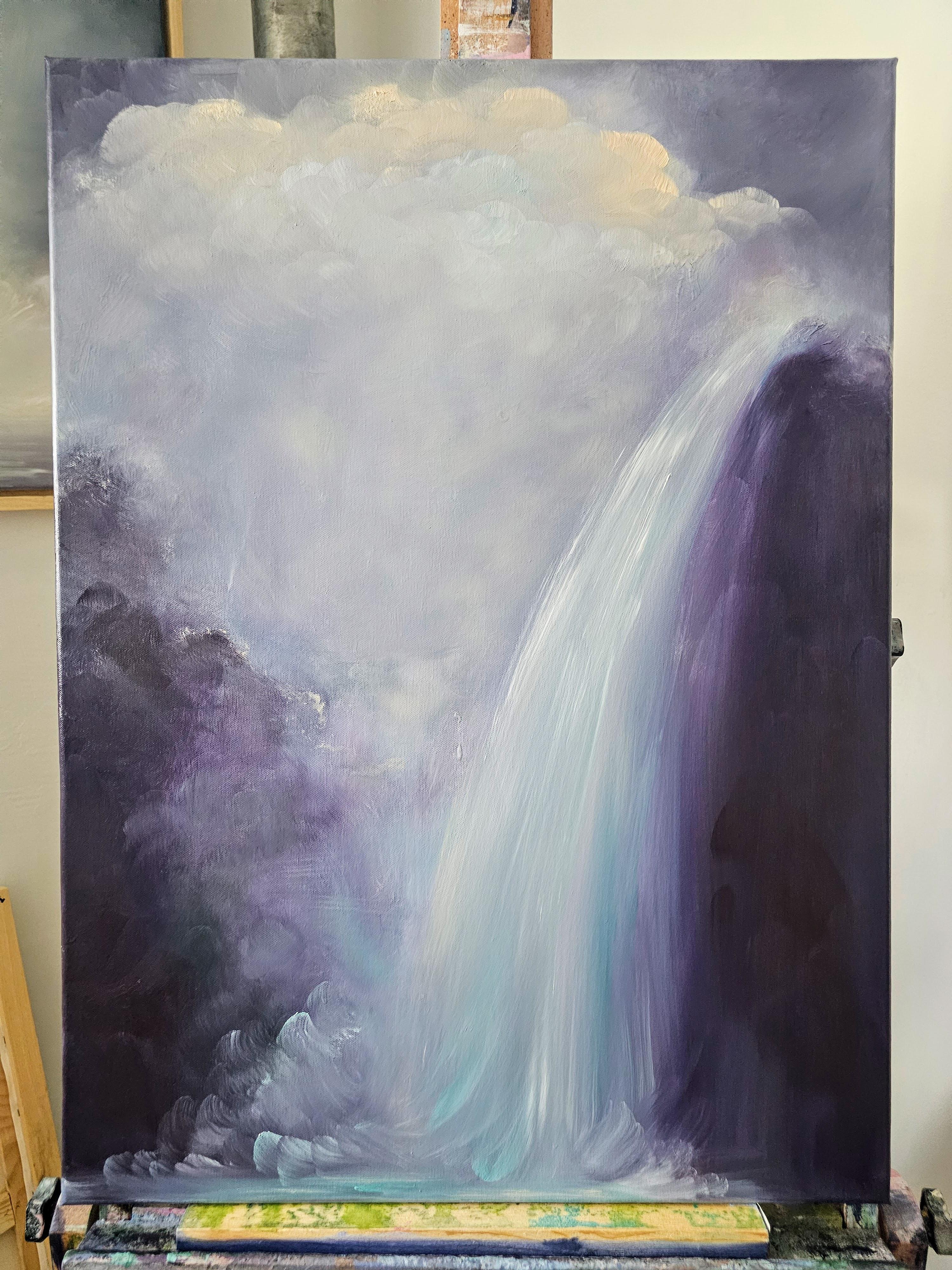 The lightness of being - Dreamy atmospheric purple abstract waterfall painting For Sale 1