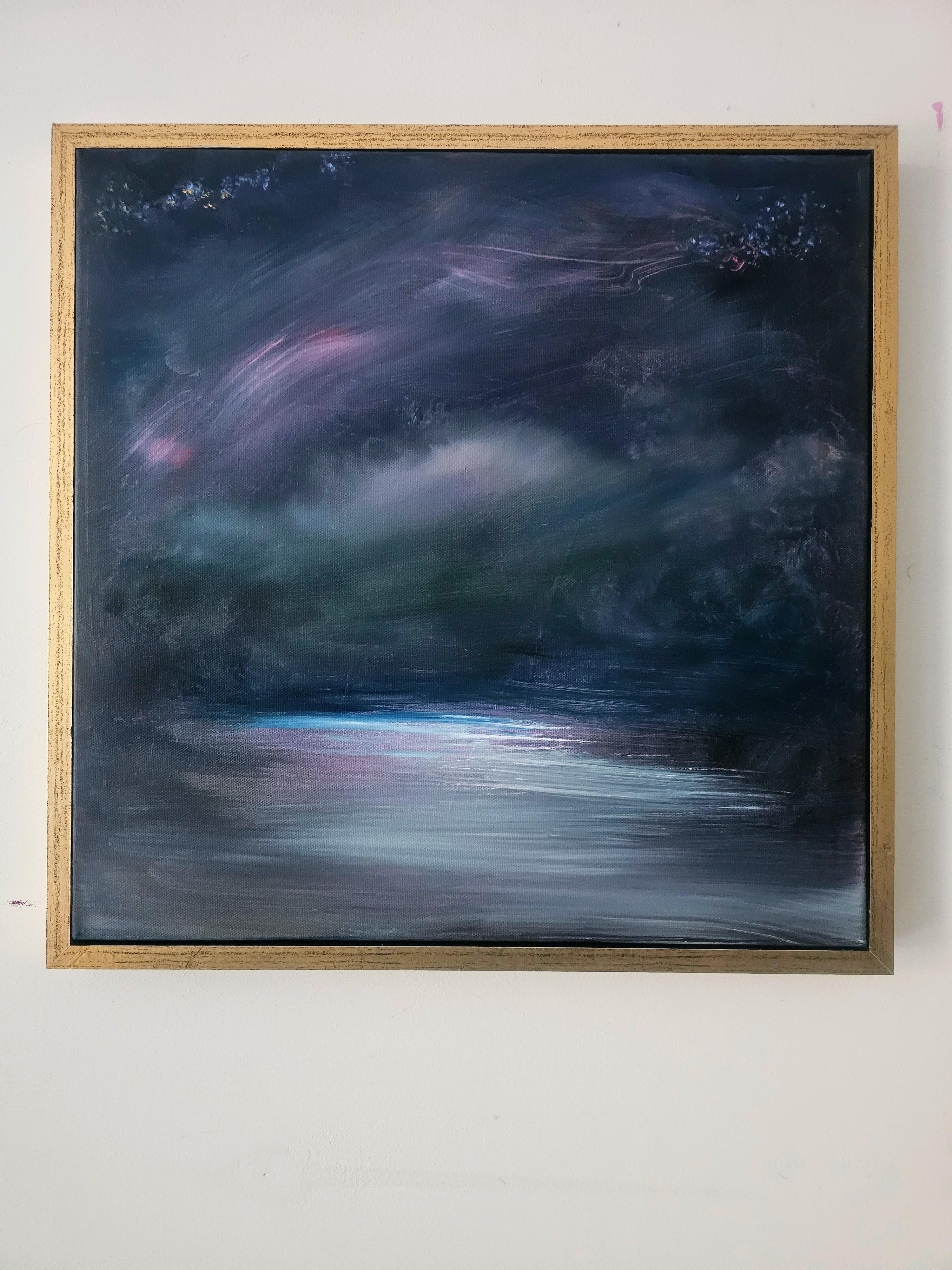 The long walk home - Gerahmtes abstraktes Nachthimmel-Meereslandschaft-Gemälde im Angebot 1