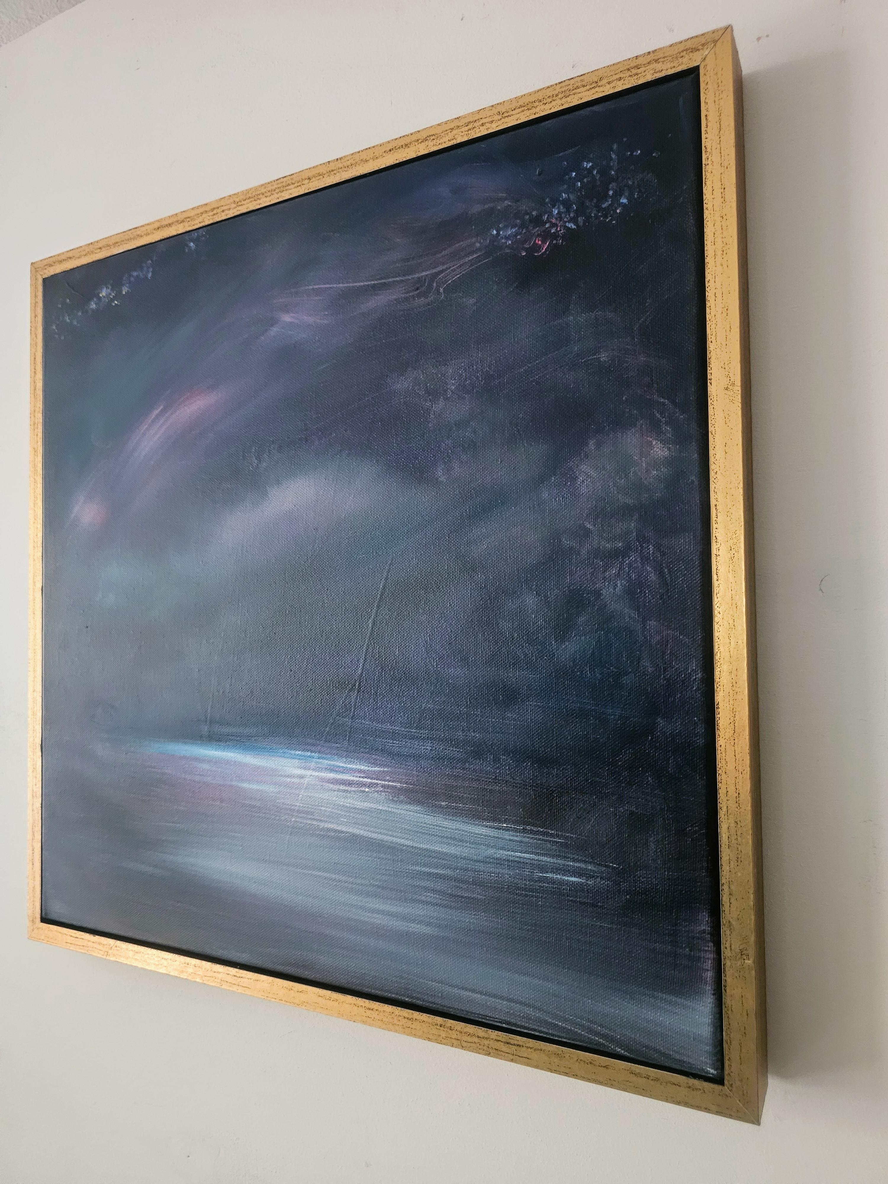 The long walk home - Gerahmtes abstraktes Nachthimmel-Meereslandschaft-Gemälde im Angebot 2