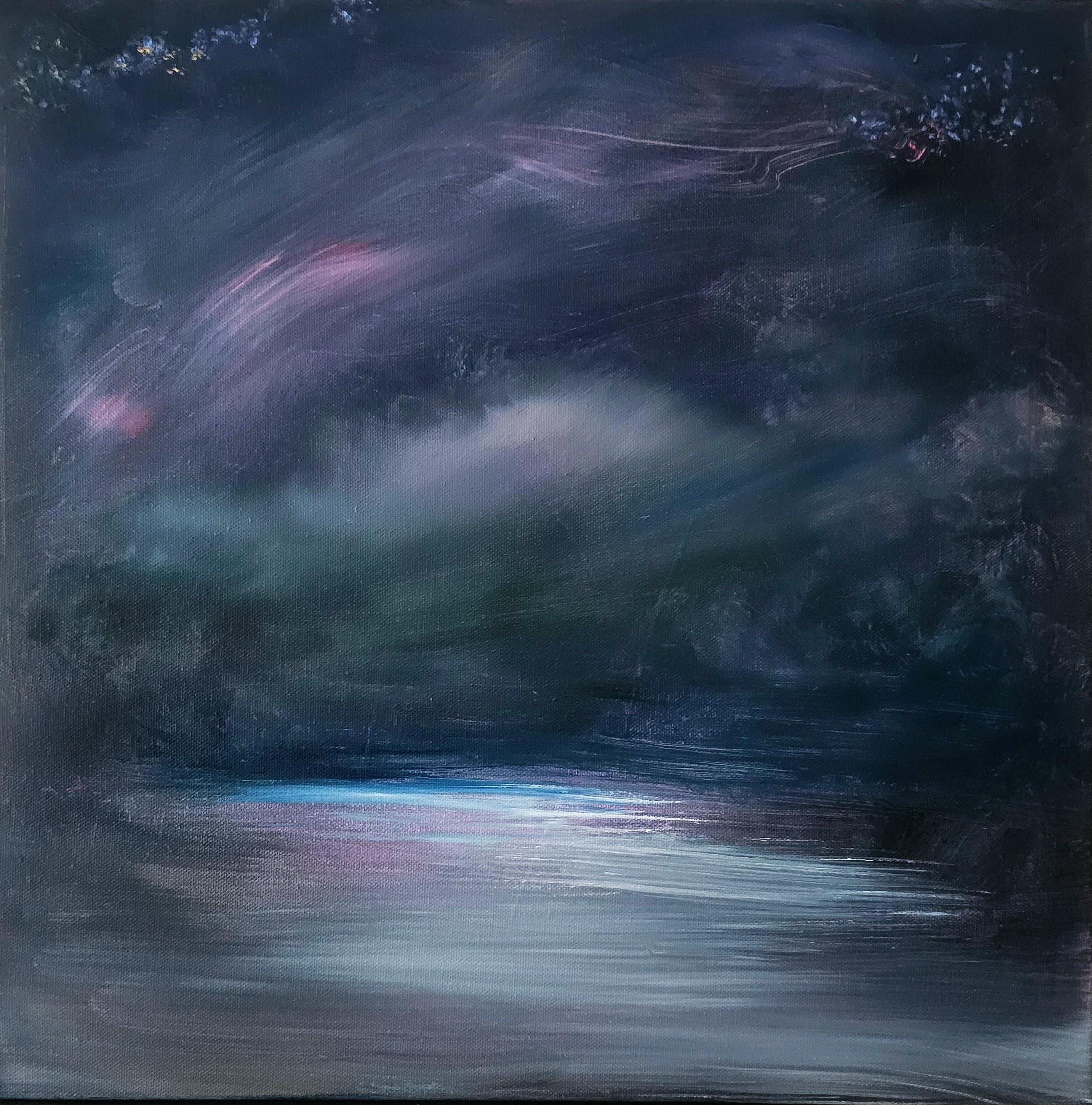Jennifer L. Baker Landscape Painting – The long walk home - Gerahmtes abstraktes Nachthimmel-Meereslandschaft-Gemälde
